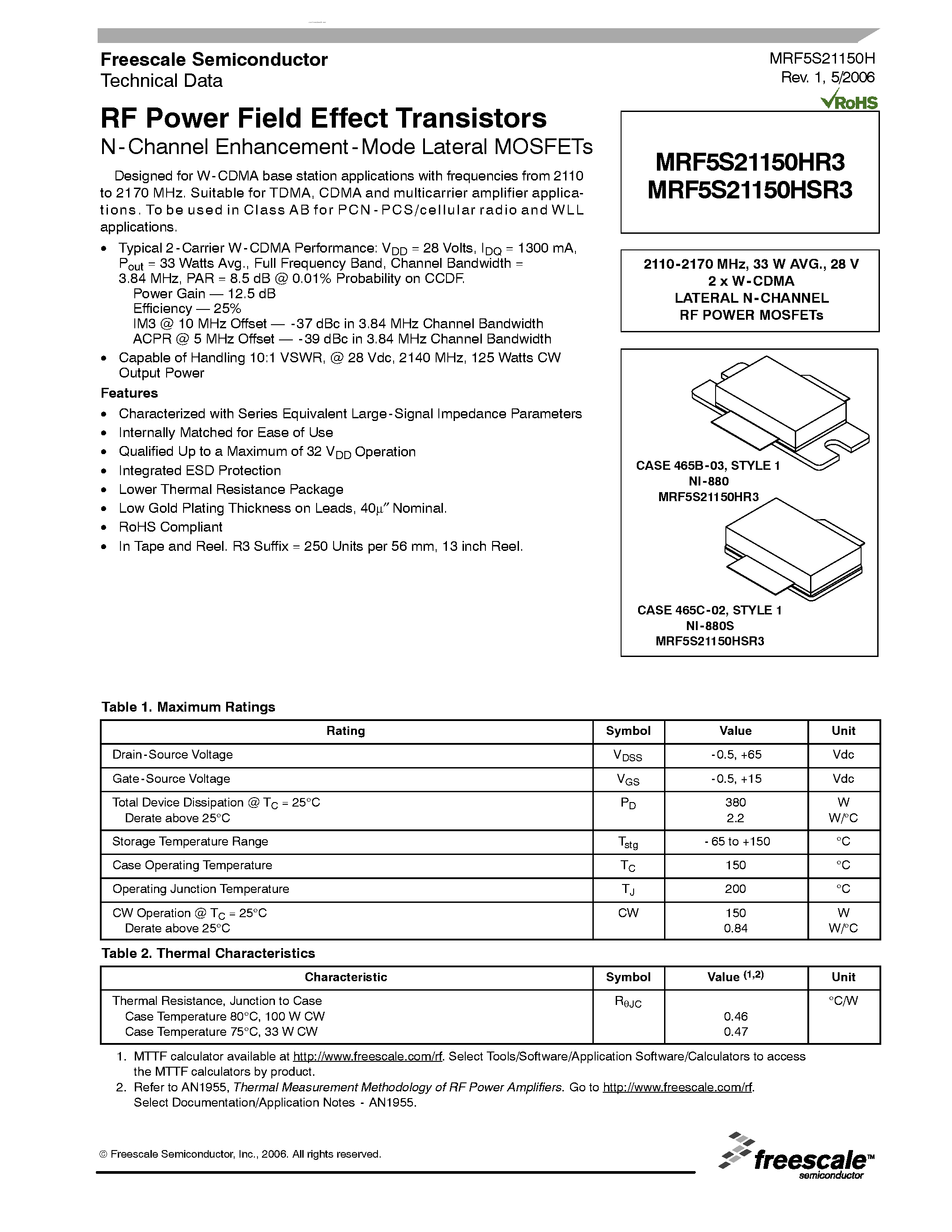 Datasheet MRF5S21150HR3 - RF Power Field Effect Transistors N-Channel Enhancement-Mode Lateral MOSFETs page 1