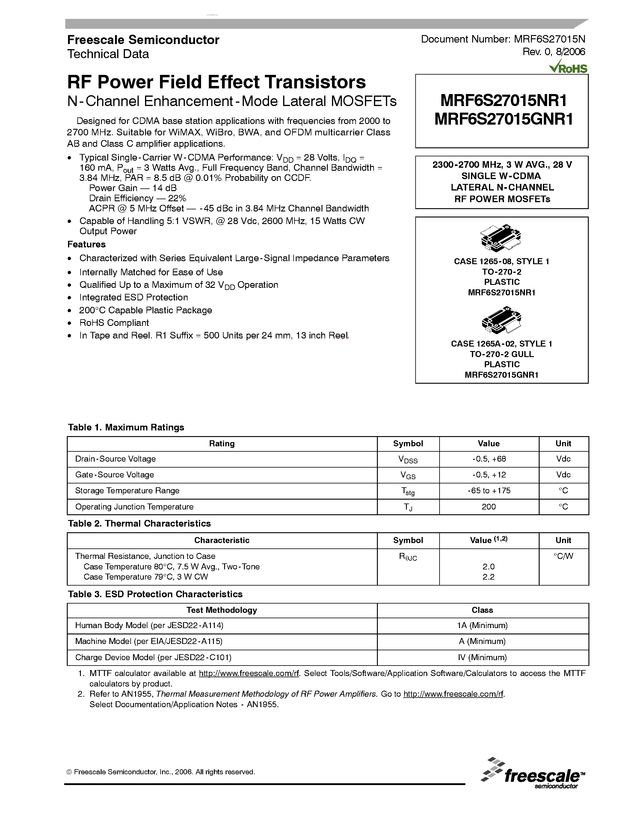 Datasheet MRF6S27015GNR1 - RF Power Field Effect Transistors N-Channel Enhancement-Mode Lateral MOSFETs page 1