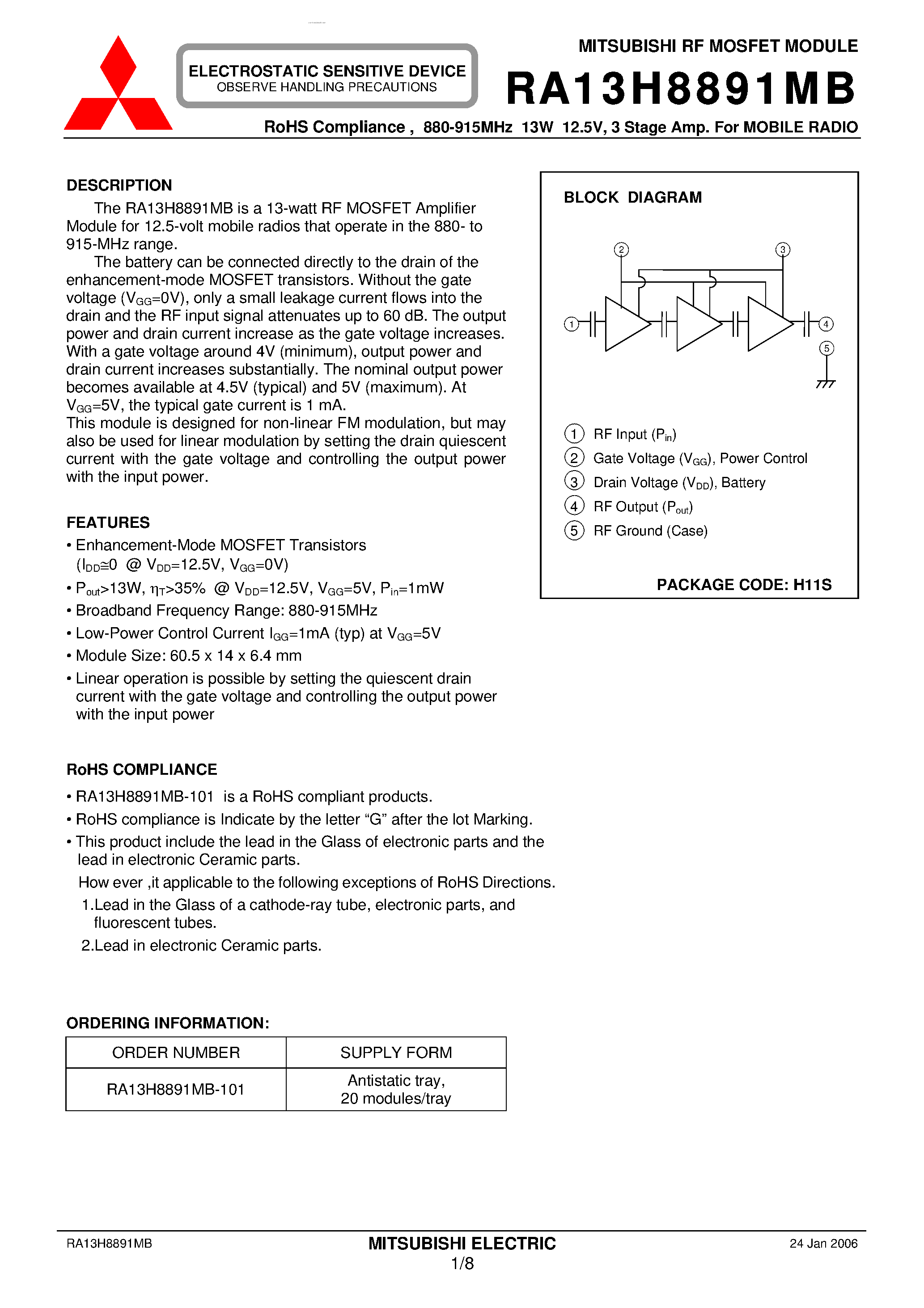 Datasheet RA13H8891MB - 3 Stage Amp page 1