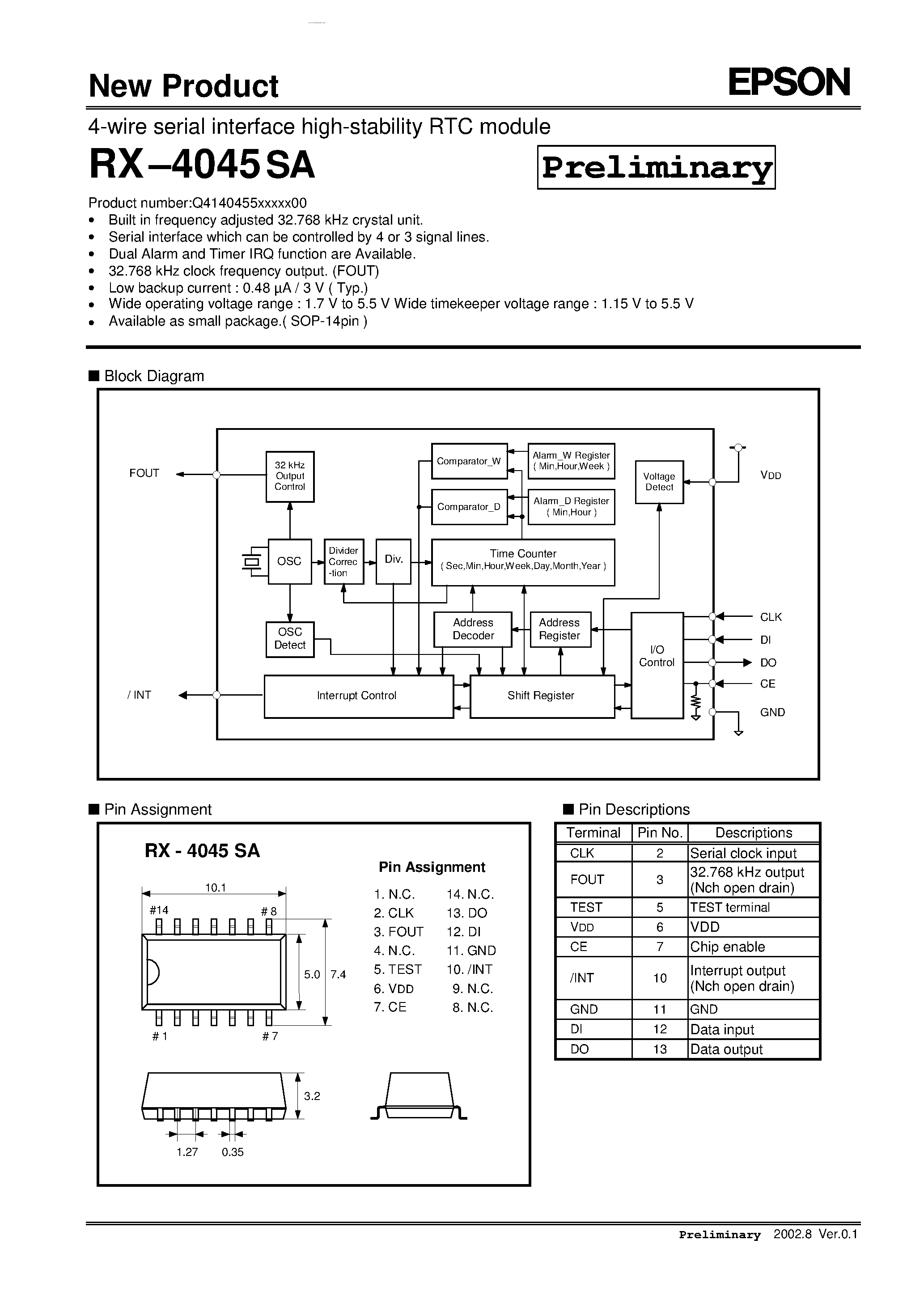 Даташит RX-4045SA - interface high-stability RTC module страница 1