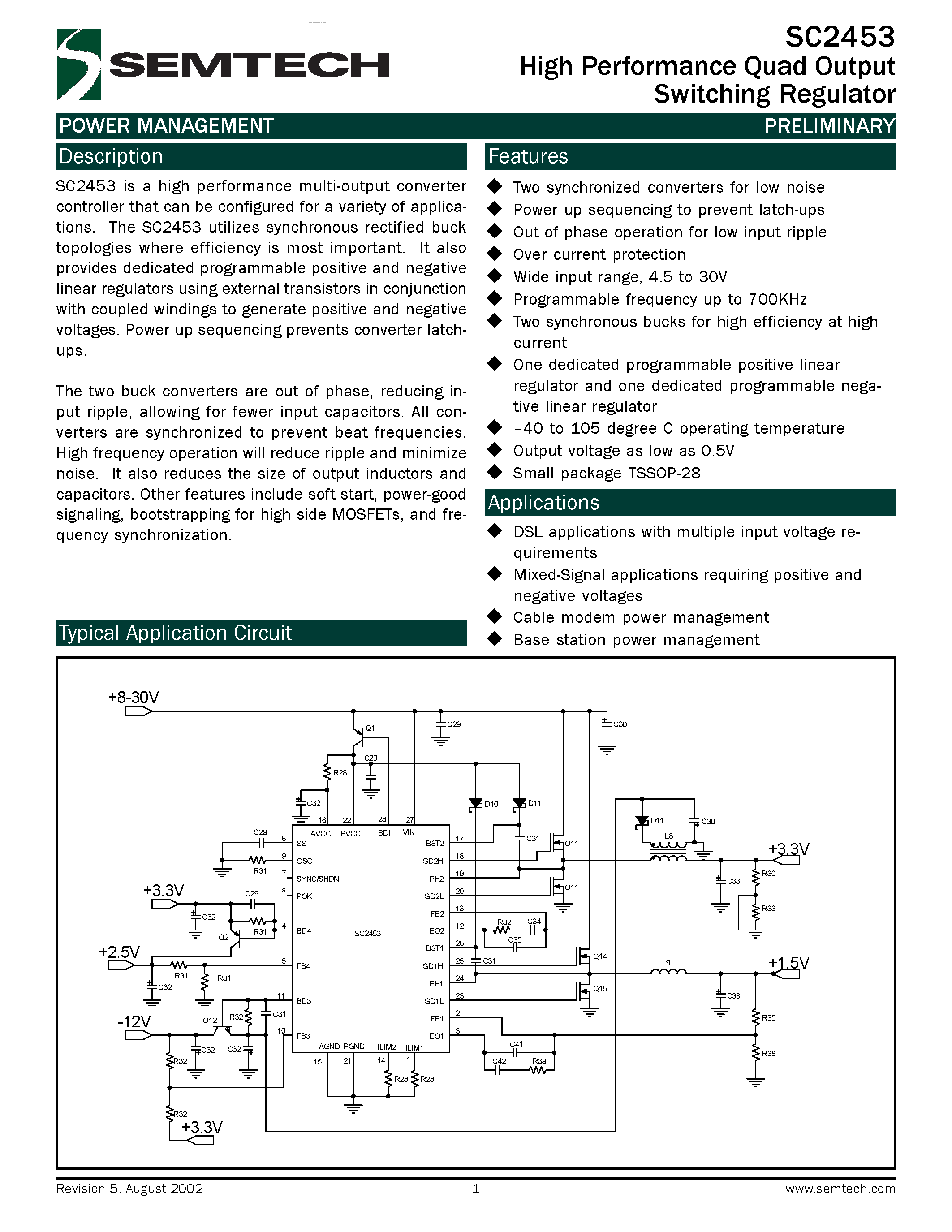 Datasheet SC2453 - High Performance Quad Output Switching Regulator page 1