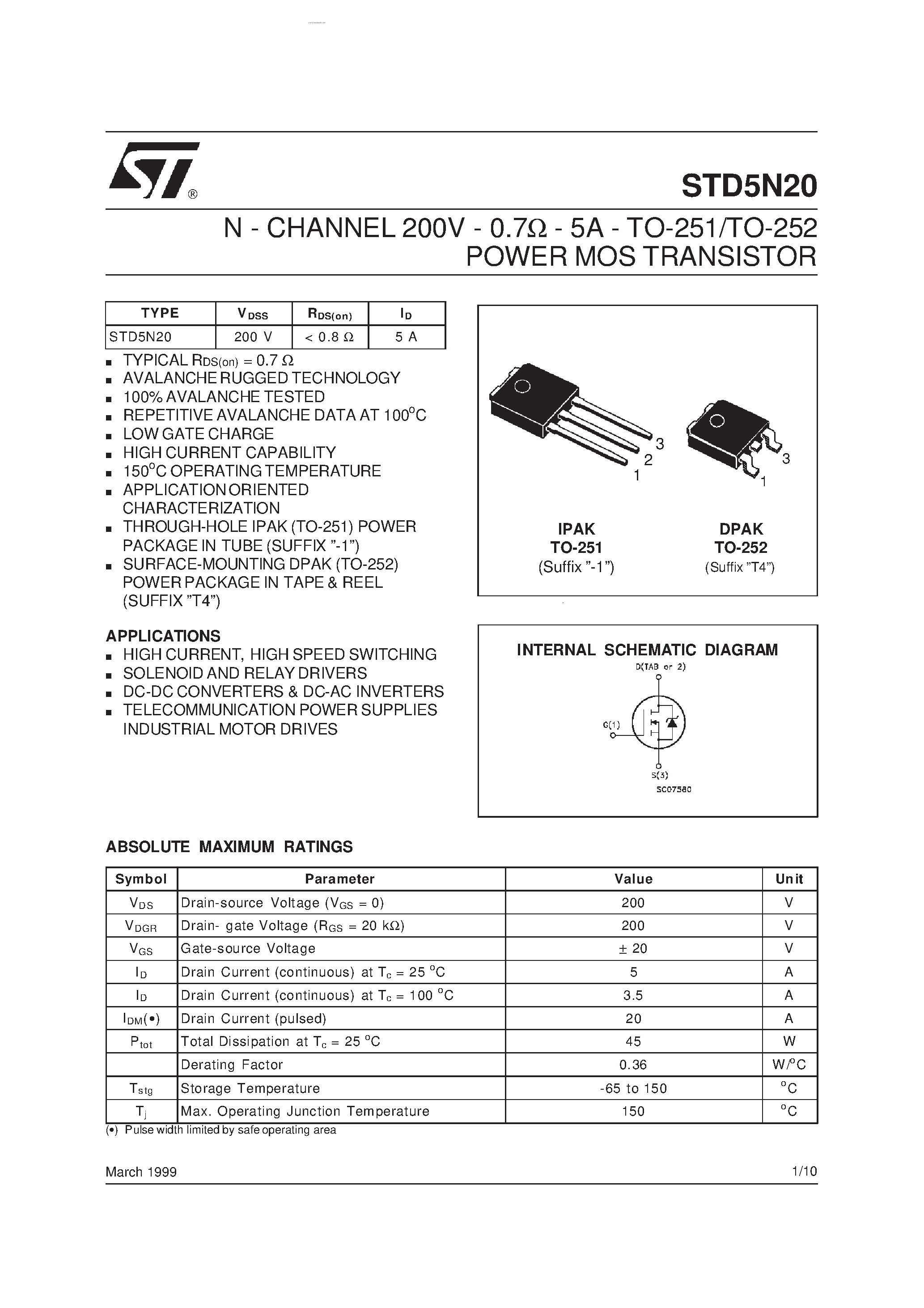 Datasheet STD5N20 - N - CHANNEL POWER MOS TRANSISTOR page 1