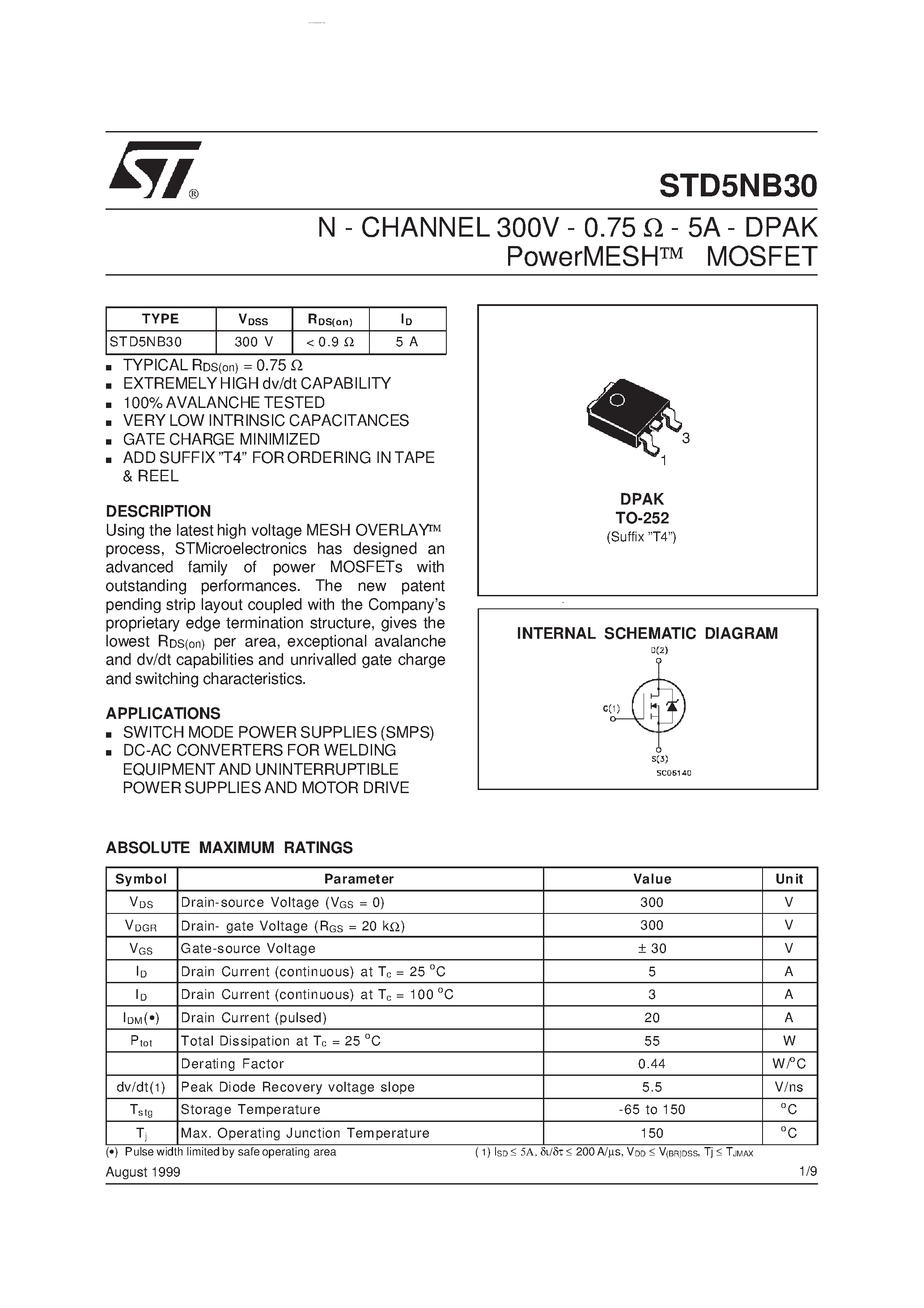 Datasheet STD5NB30 - N - CHANNEL PowerMESHO MOSFET page 1