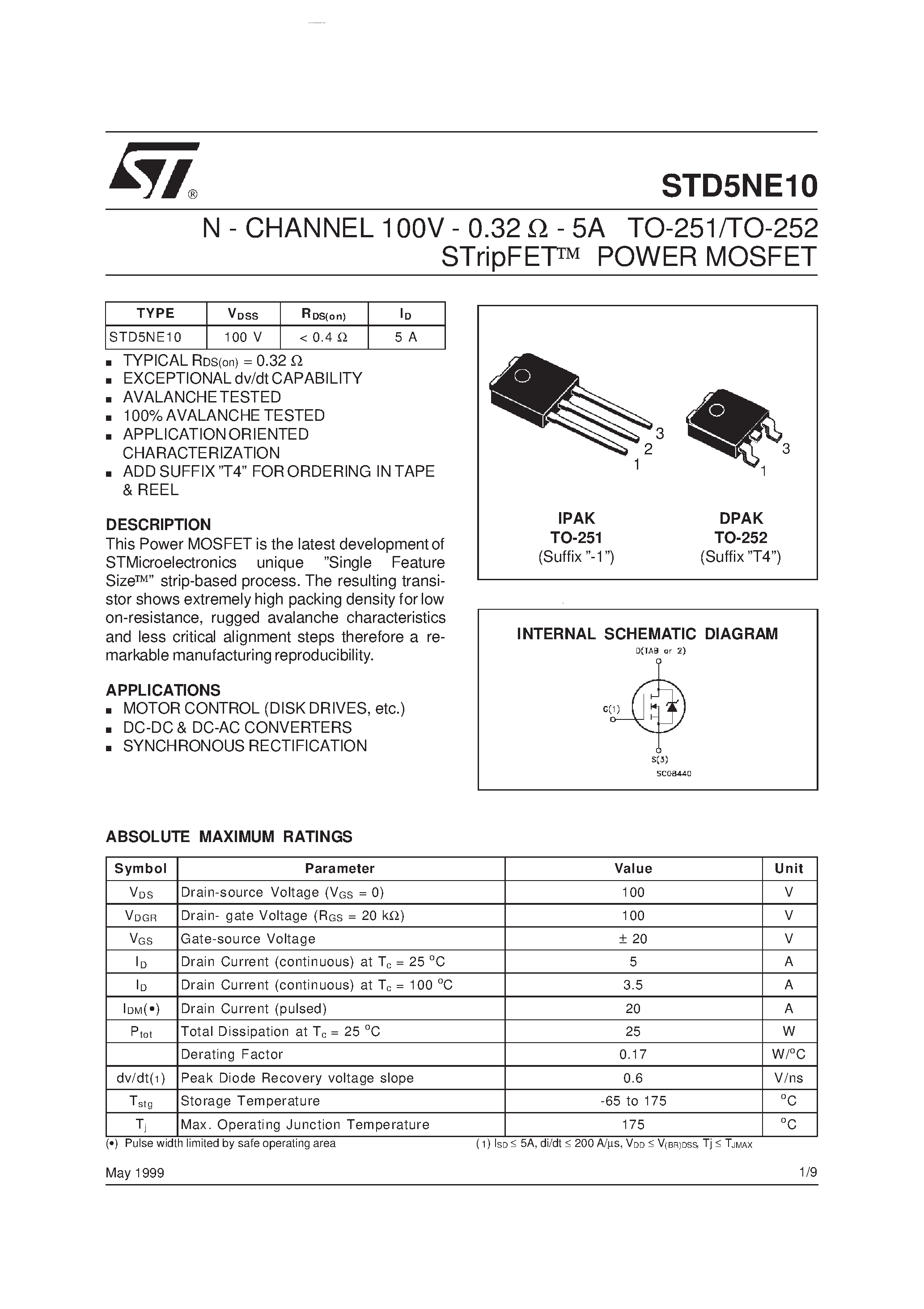Datasheet STD5NE10 - N - CHANNEL POWER MOSFET page 1
