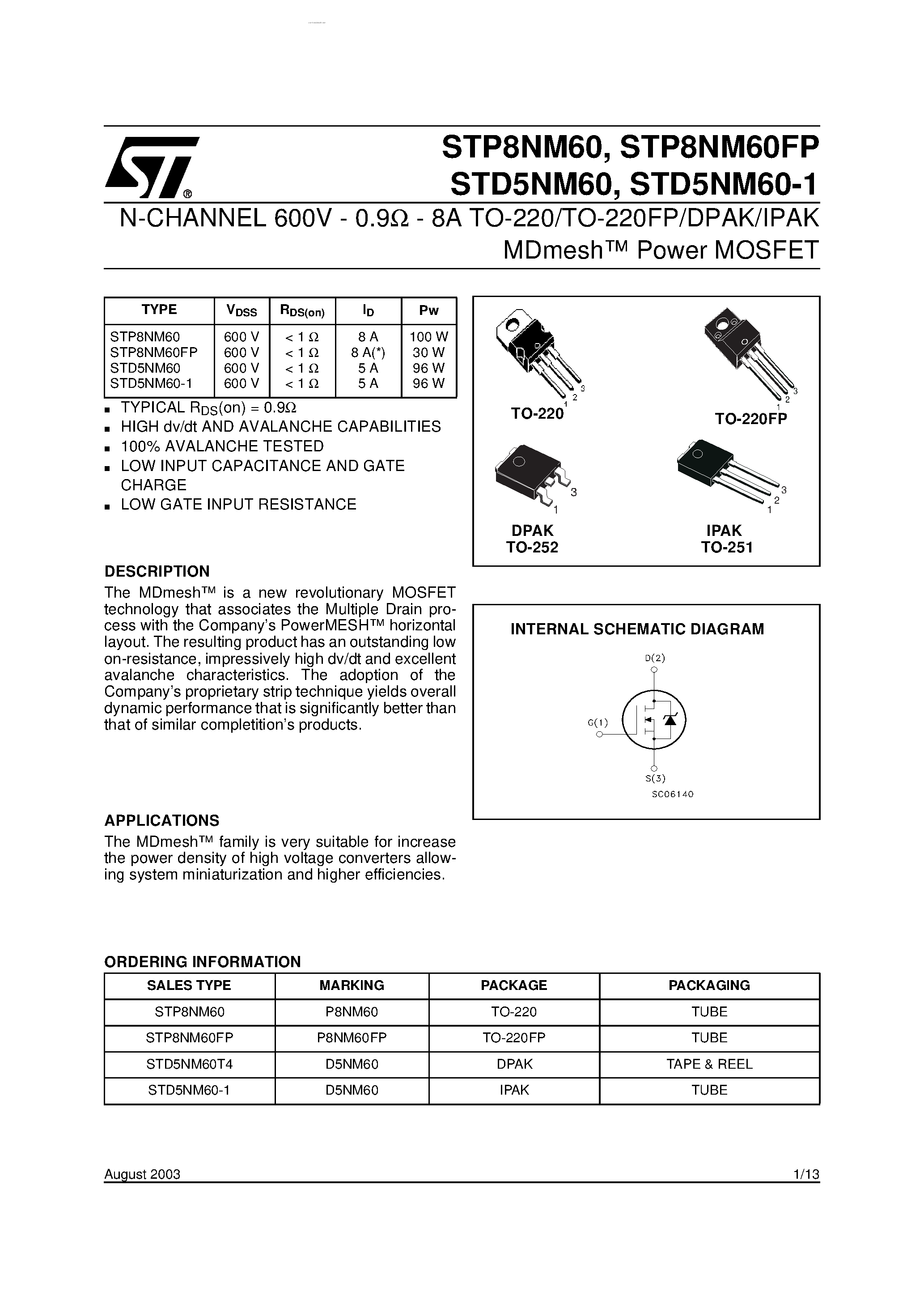 Datasheet STD5NM60-1 - N-CHANNEL Power MOSFET page 1