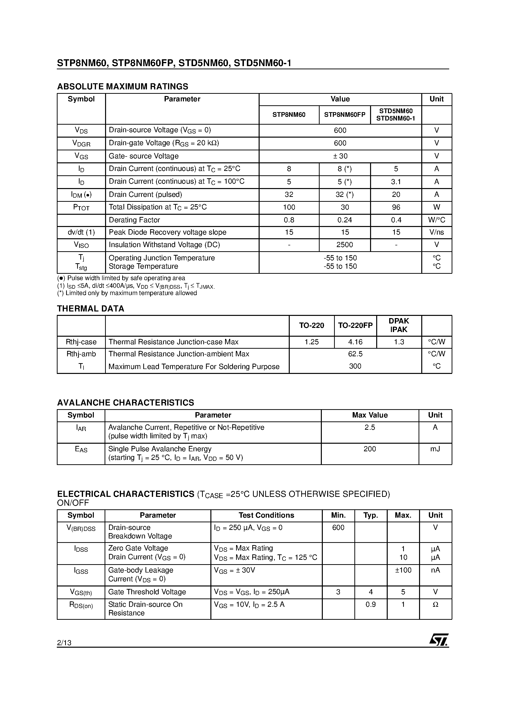 Datasheet STD5NM60-1 - N-CHANNEL Power MOSFET page 2
