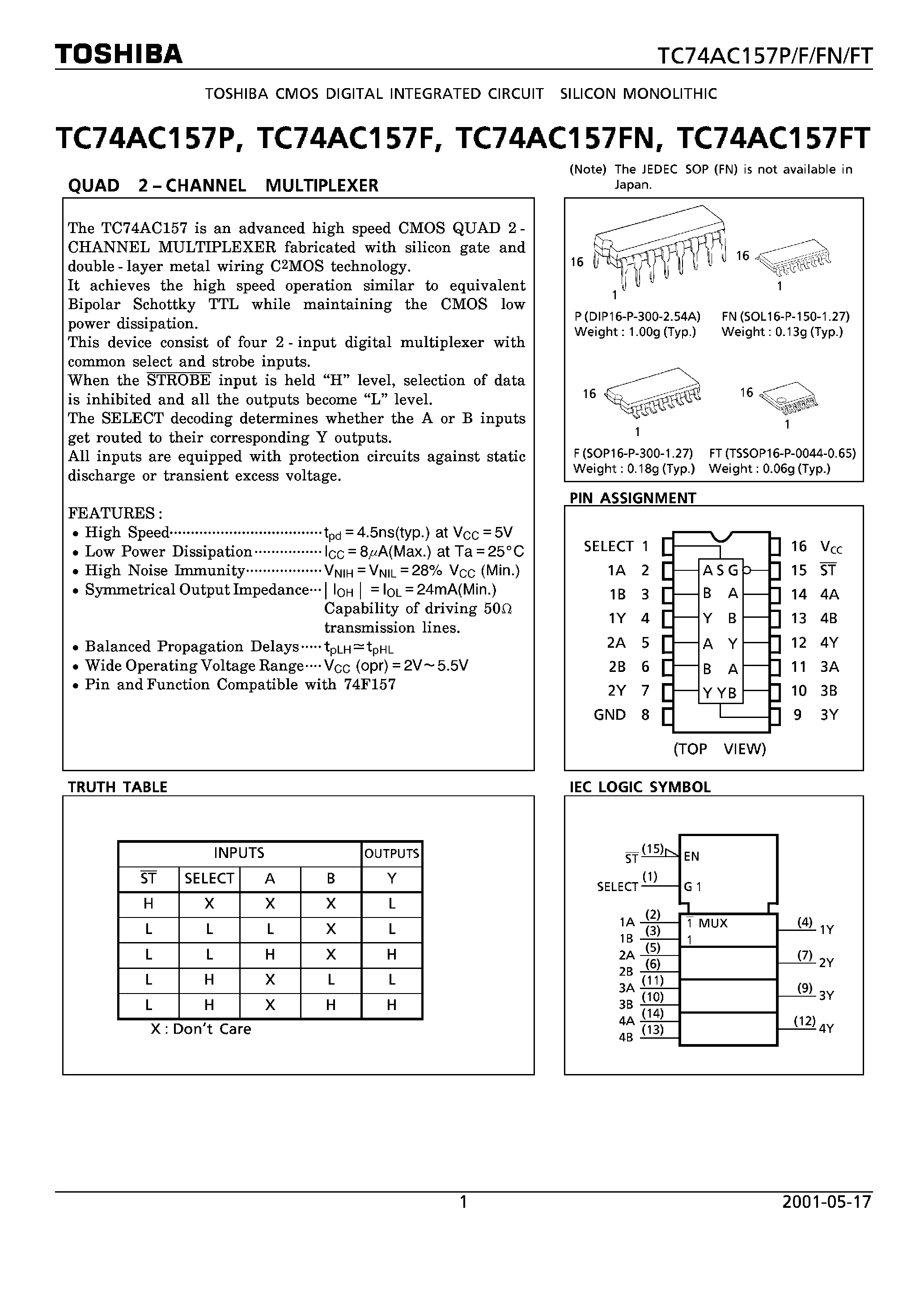 Datasheet TC74AC157F - (TC74AC157) QUAD 2-CHANNEL MULTIPLEXER page 1
