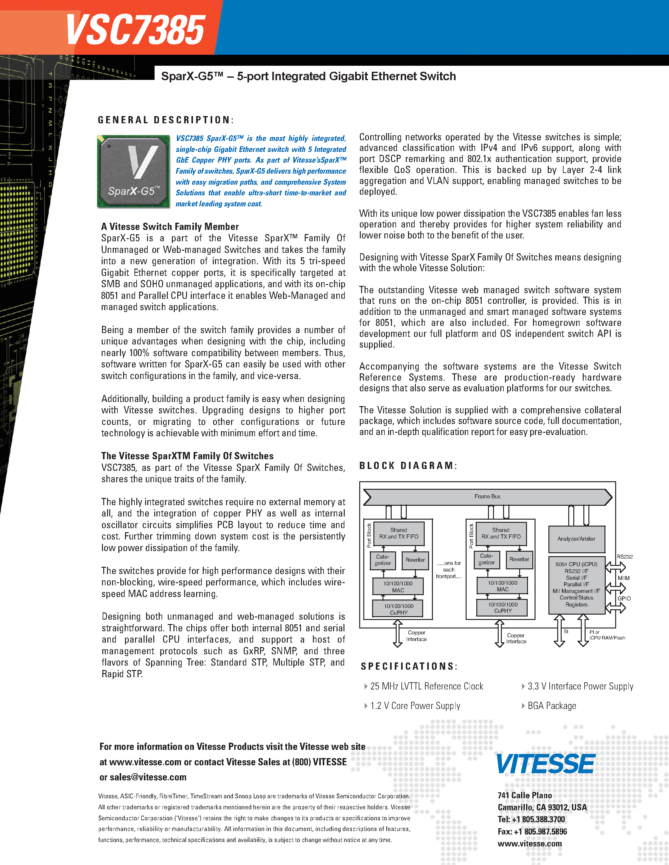 Datasheet VSC7385 - SparX-G5 - 5-port Integrated Gigabit Ethernet Switch page 2