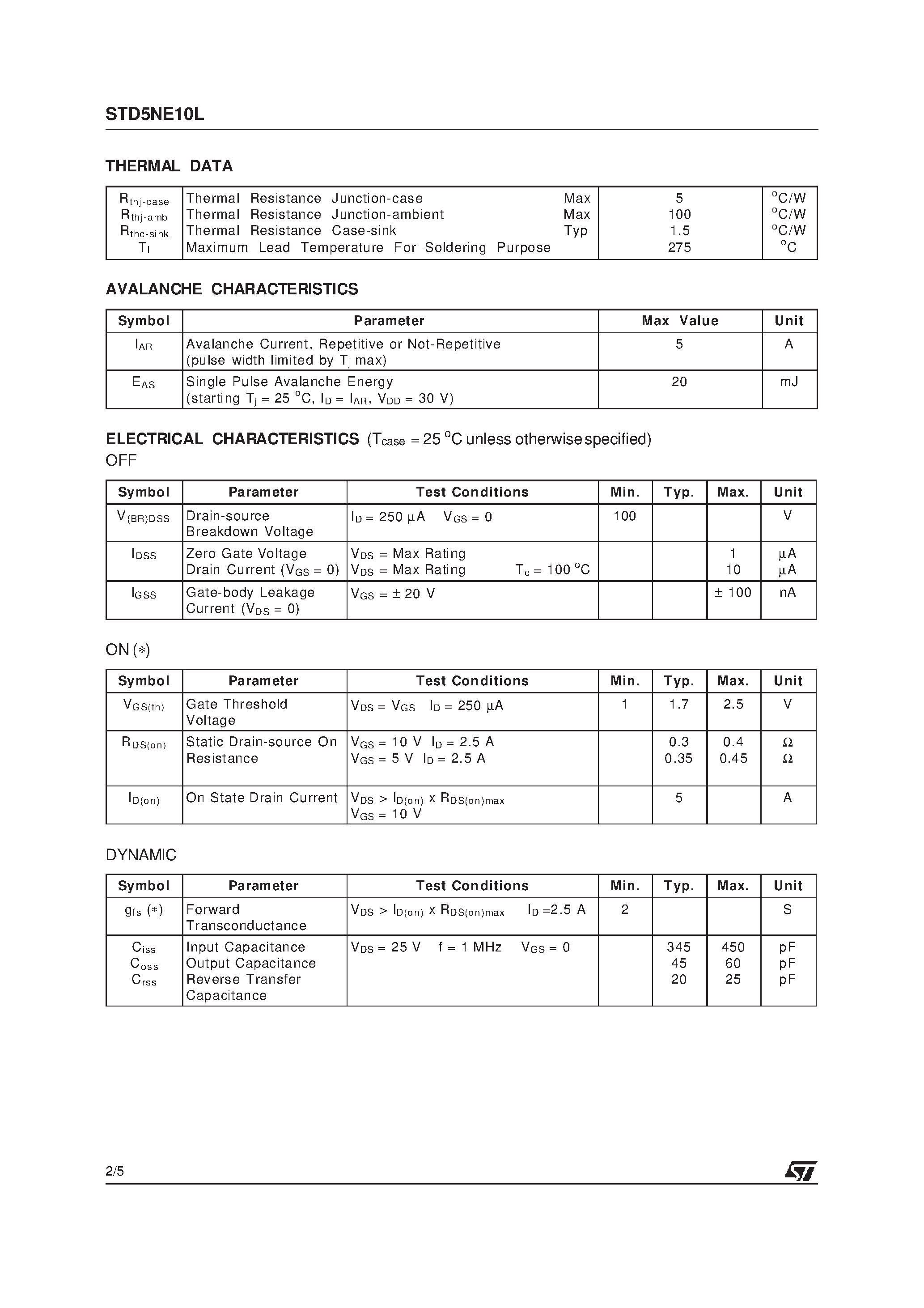 Datasheet STD5NE10L - N - CHANNEL STripFET POWER MOSFET page 2