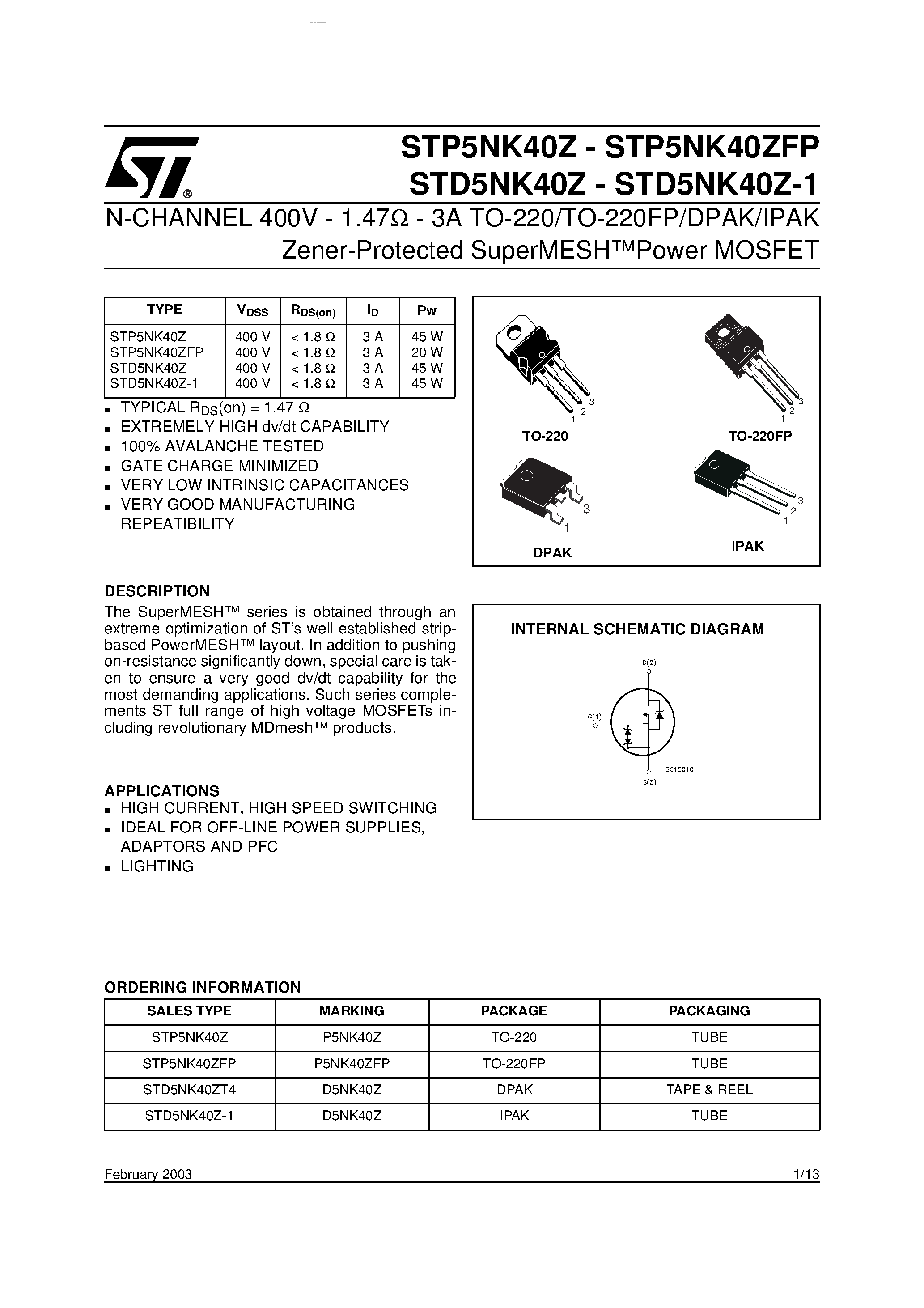 Datasheet STD5NK40Z page 1 Datasheet STD5NK40Z - N-CHANNEL Power MOSFET page 1