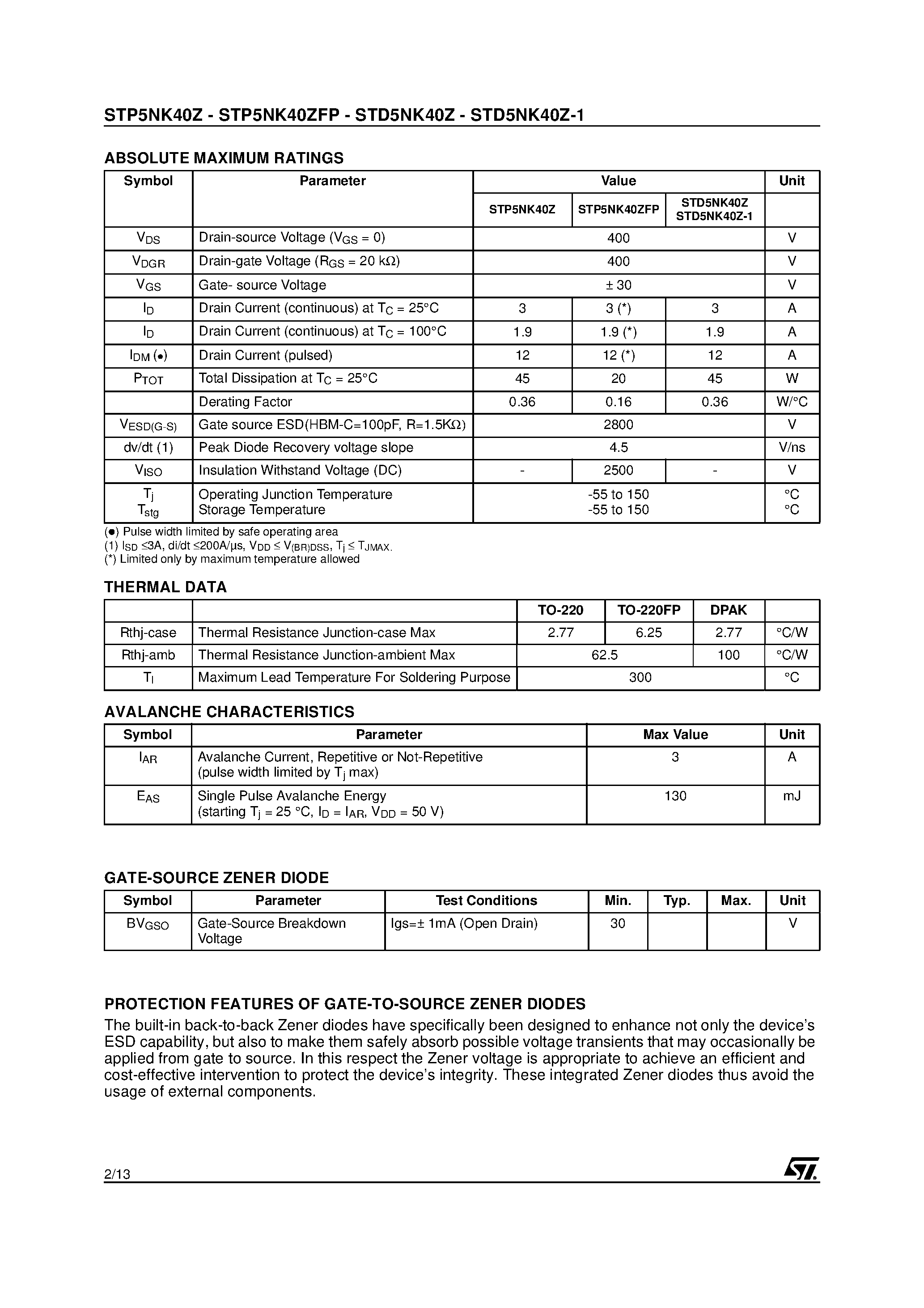 Datasheet STP5NK40Z - N-CHANNEL Power MOSFET page 2