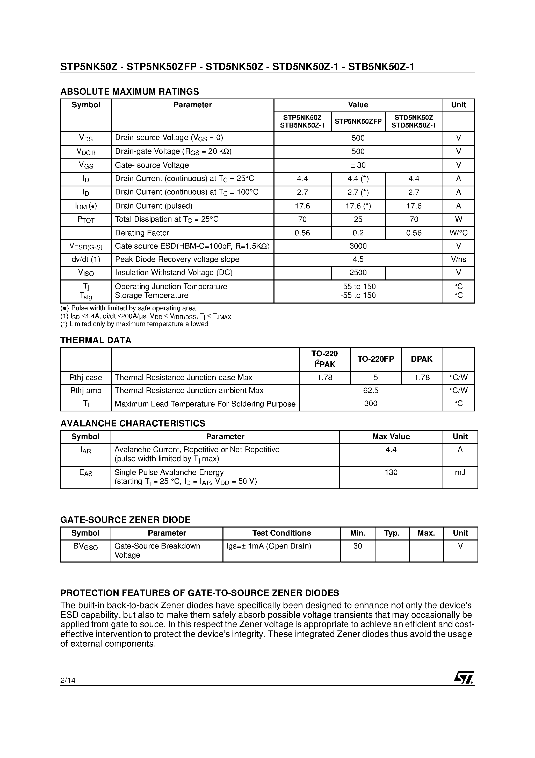 Datasheet STB5NK50Z-1 - N-CHANNEL Power MOSFET page 2