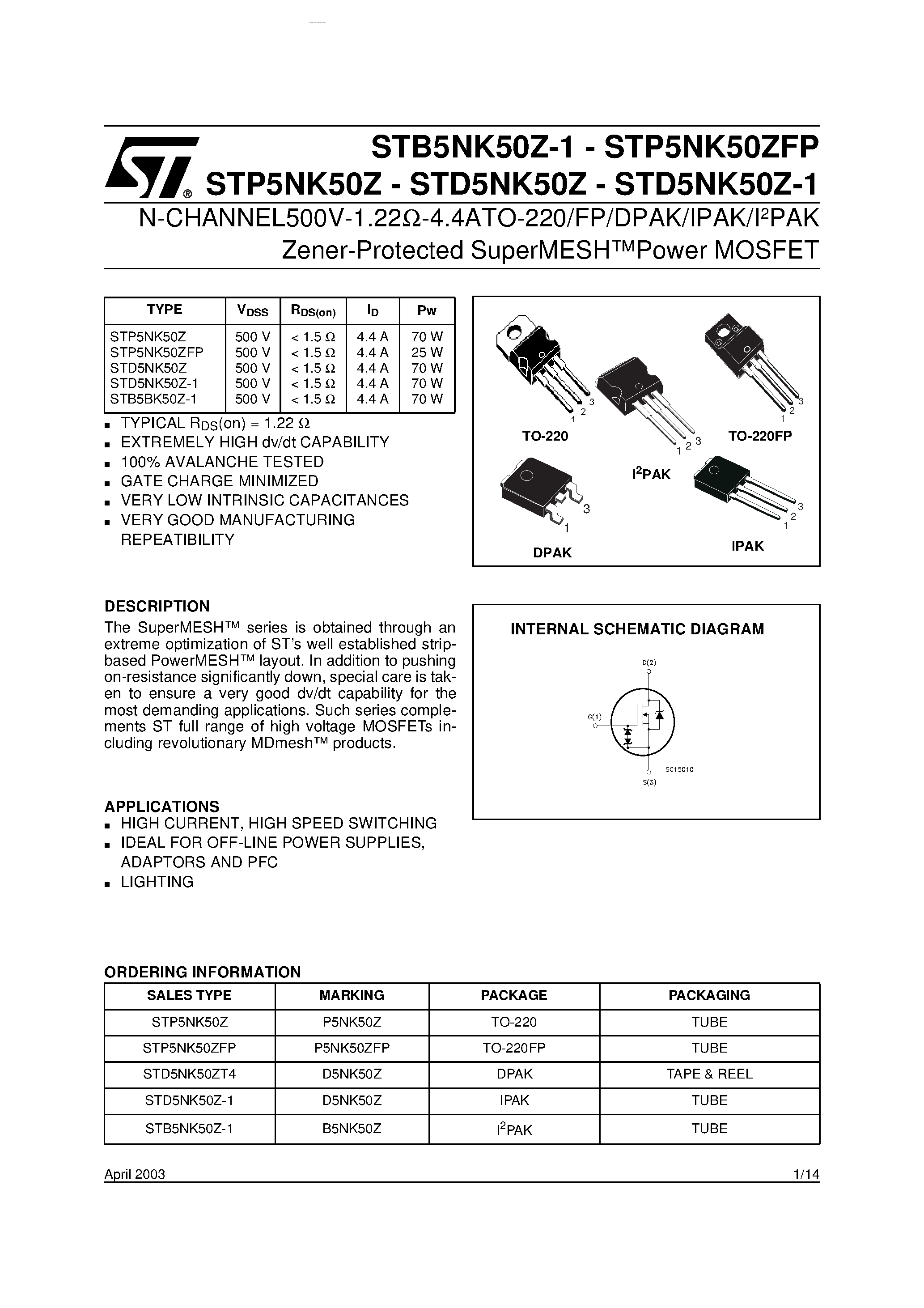 Datasheet STP5NK50Z - N-CHANNEL Power MOSFET page 1