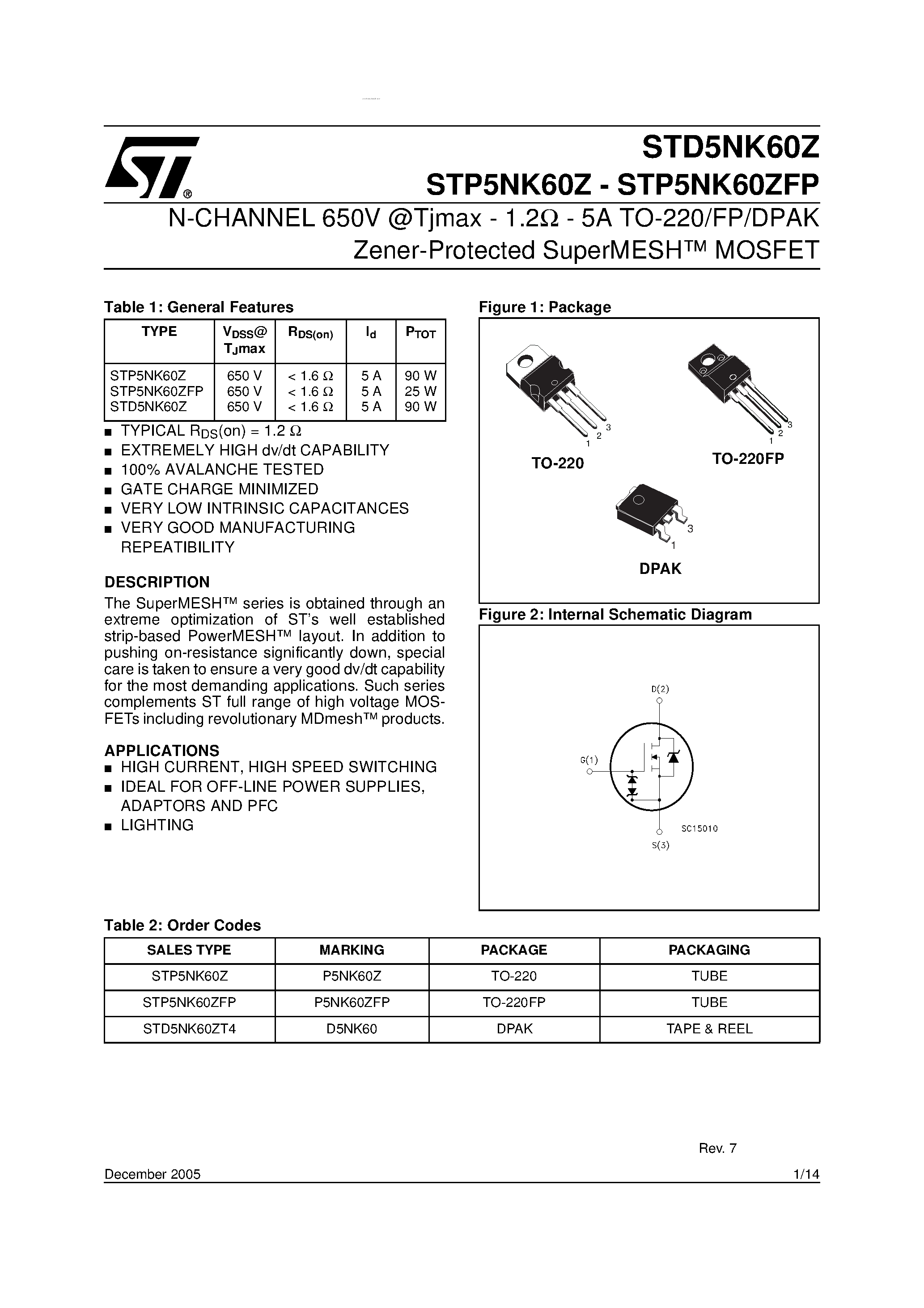 Datasheet STD5NK60Z - N-CHANNEL Zener-Protected SuperMESH Power MOSFET page 1