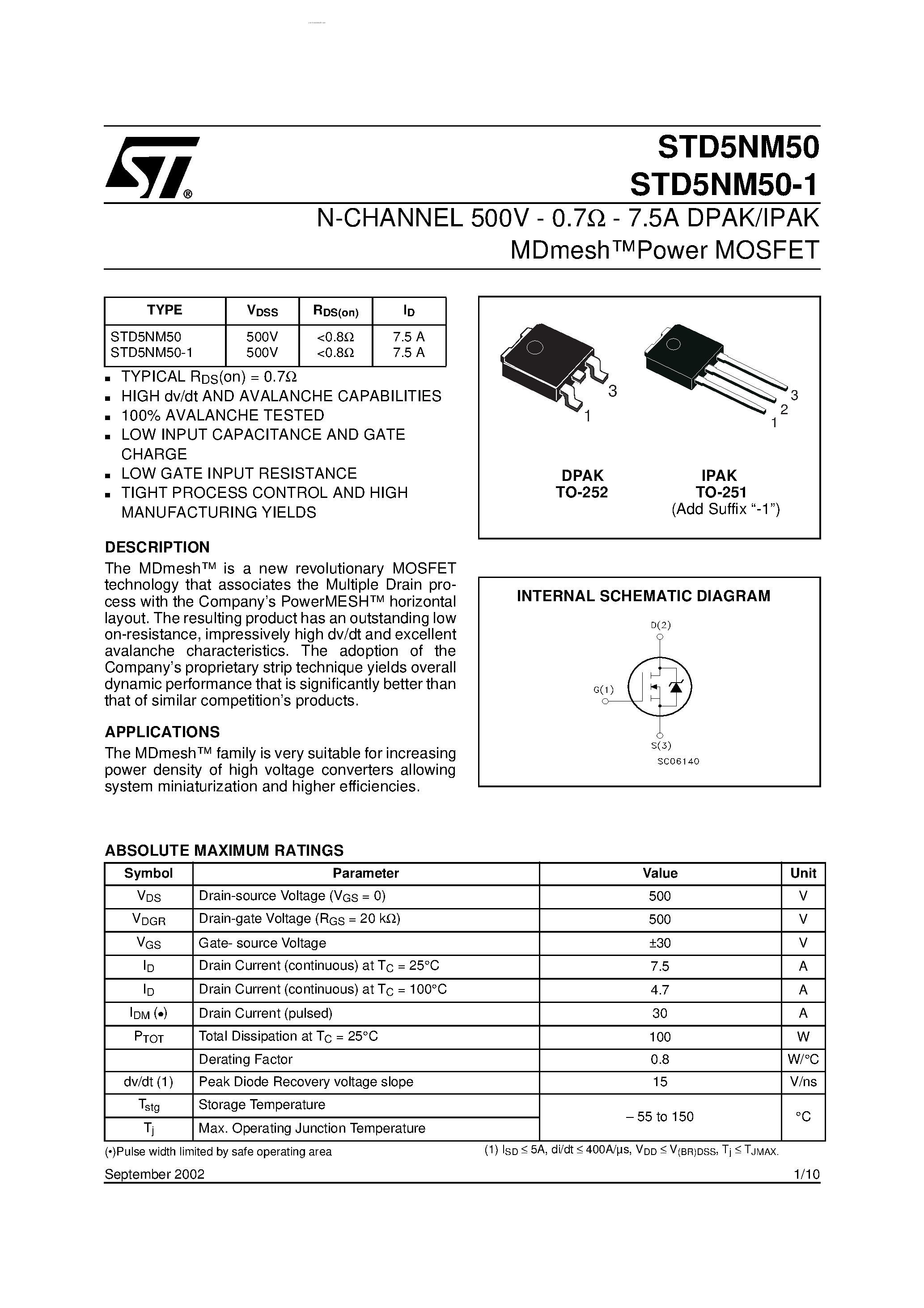 Datasheet STD5NM50 - N-CHANNEL Power MOSFET page 1