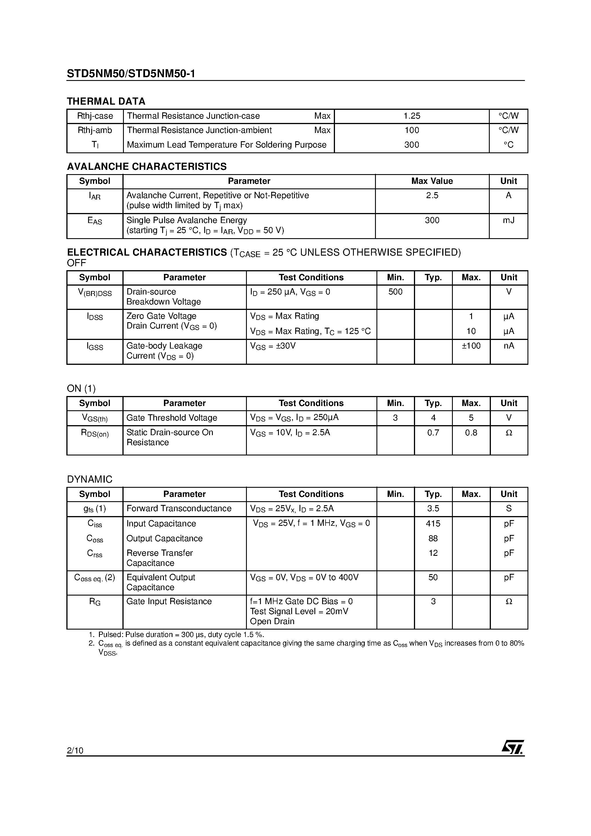 Datasheet STD5NM50 - N-CHANNEL Power MOSFET page 2
