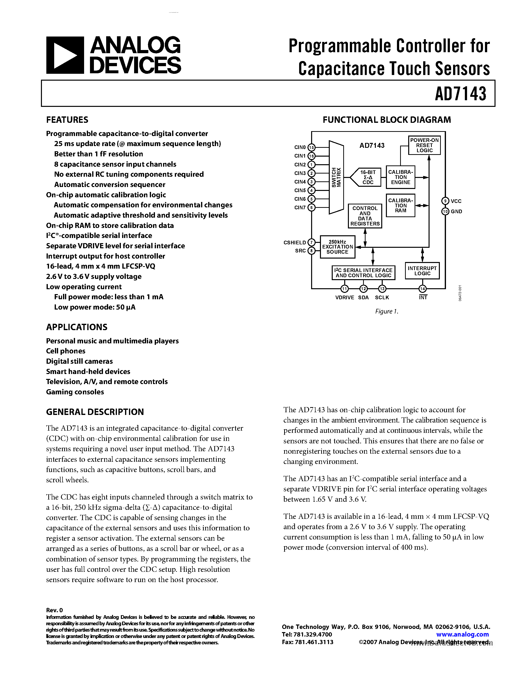 Даташит AD7143 - integrated capacitance-to-digital converter страница 1