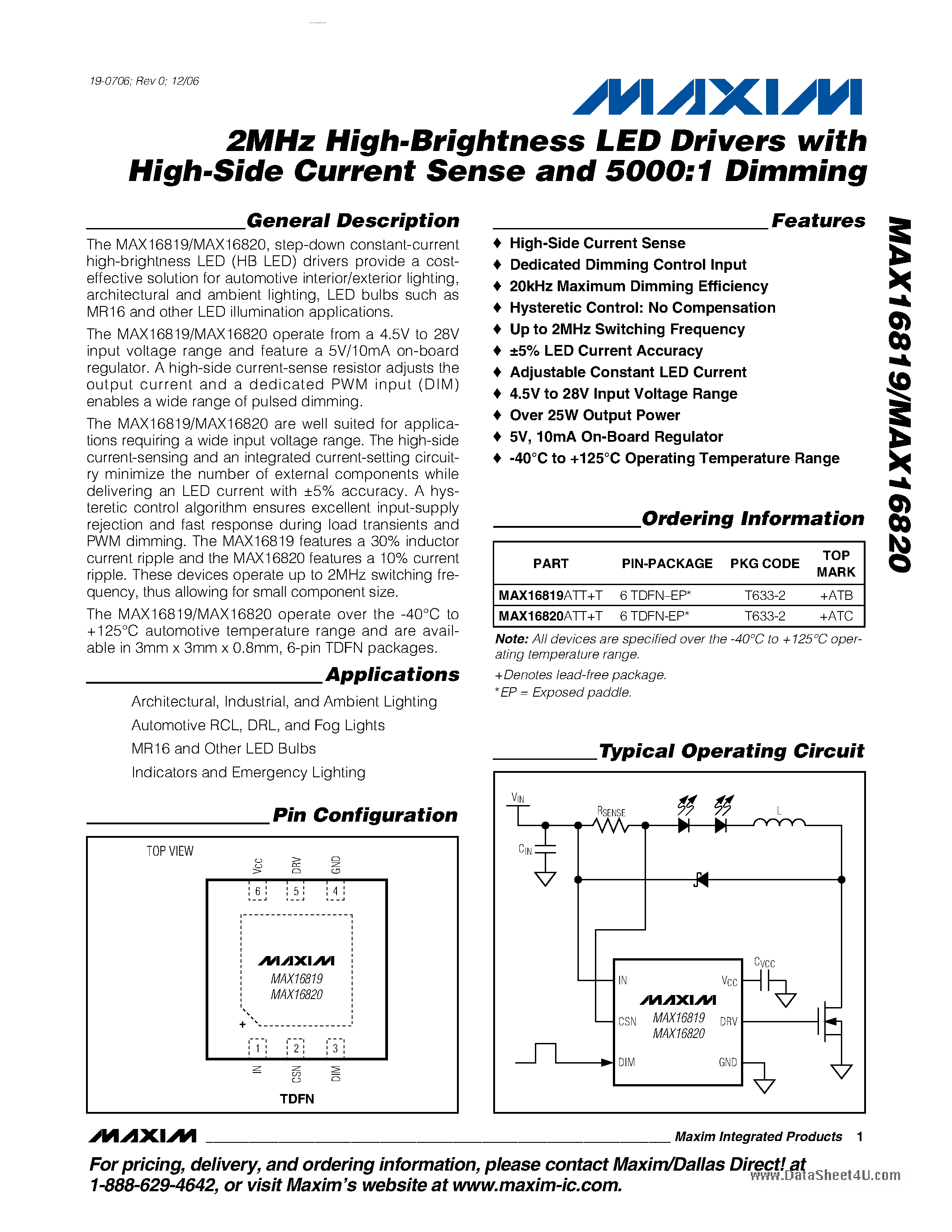 Datasheet MAX16819 page 1 Datasheet MAX16819 - (MAX16819 / MAX16820) step-down constant-current high-brightness LED drivers page 1