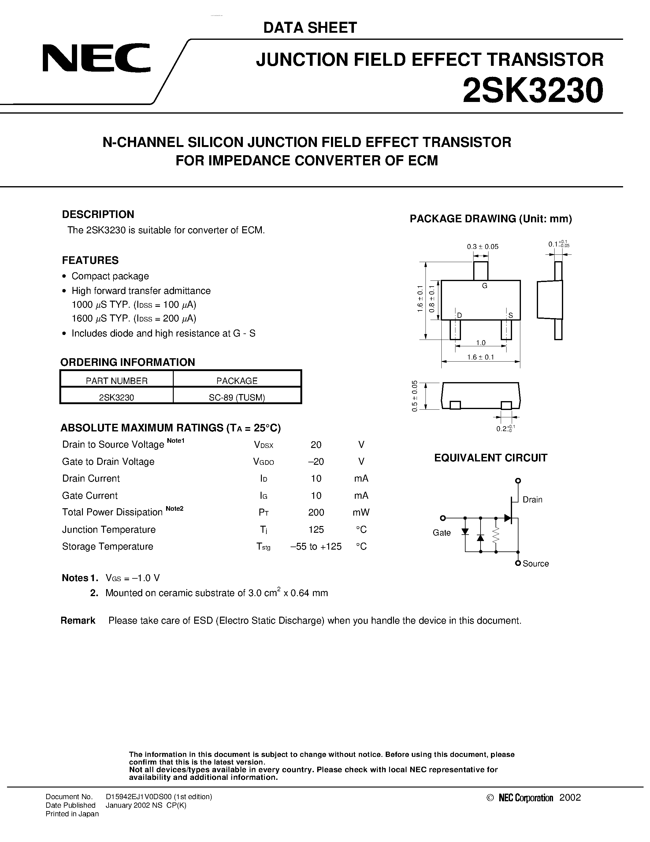 Datasheet 2SK3230 - N-CHANNEL SILICON JUNCTION FIELD EFFECT TRANSISTOR page 1