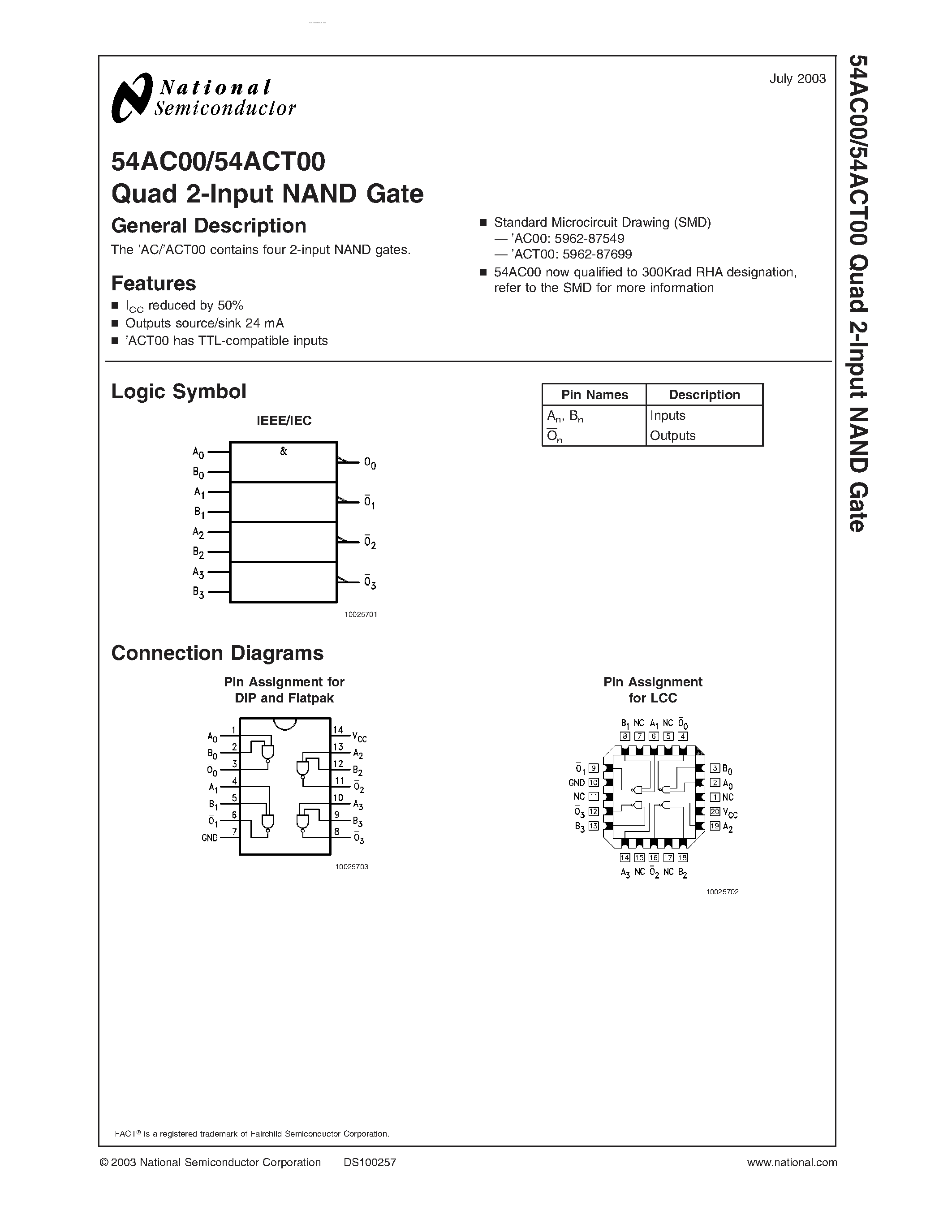 Даташит на микросхему 54AC00 страница 1 Даташит 54AC00 - Quad 2-Input NAND Gate страница 1