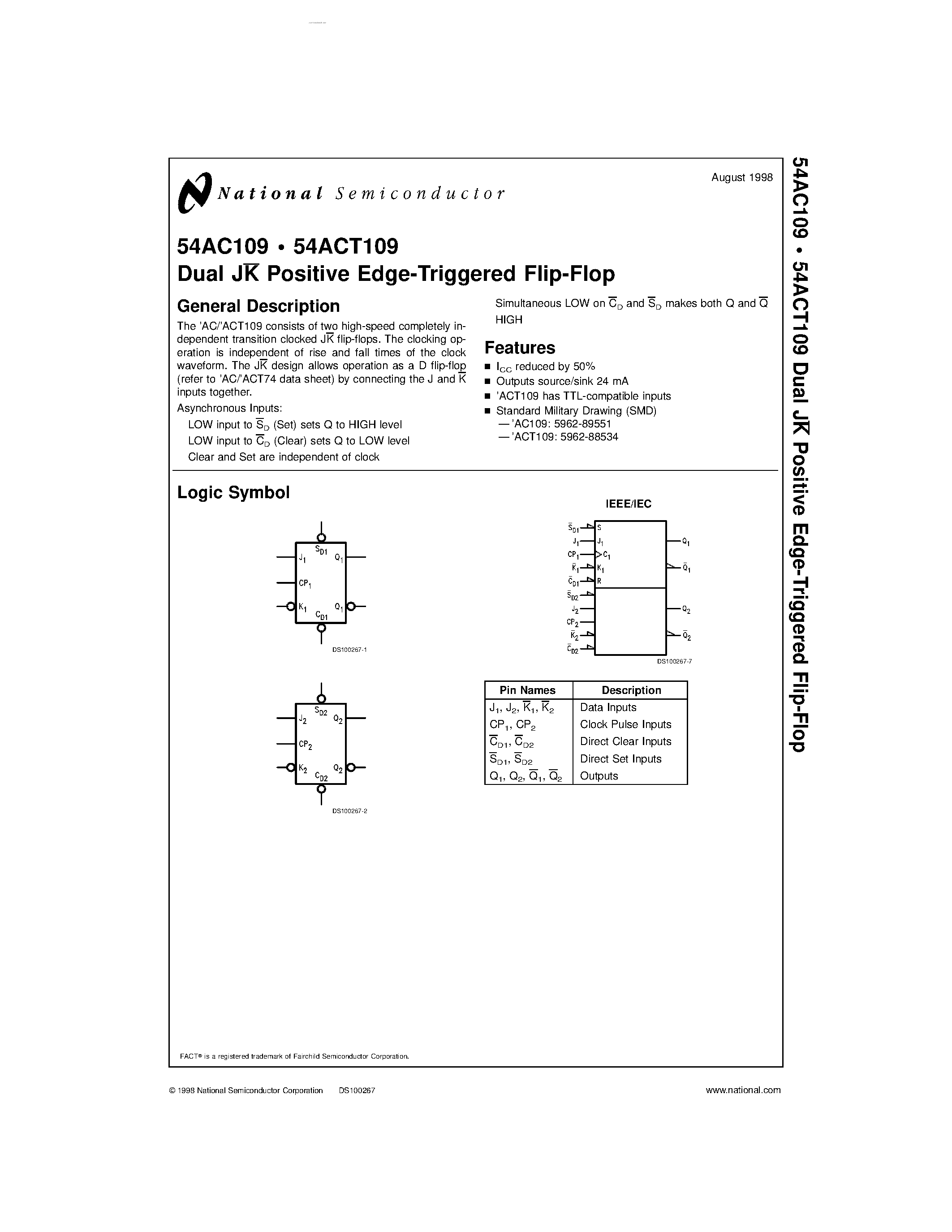 Даташит 54AC109 - Dual JK Positive Edge-Triggered Flip-Flop страница 1