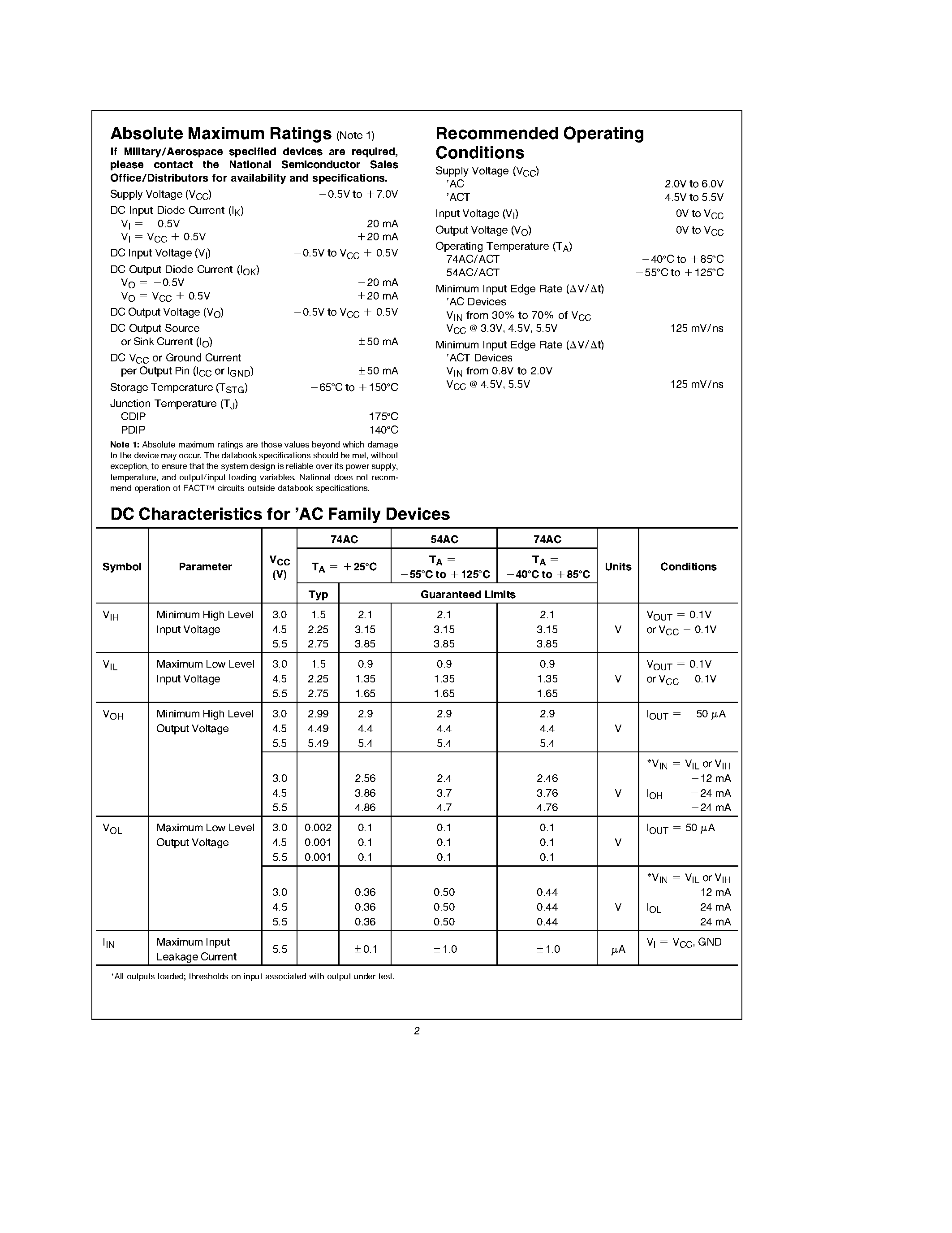 Datasheet 54AC125 - Quad Buffer page 2