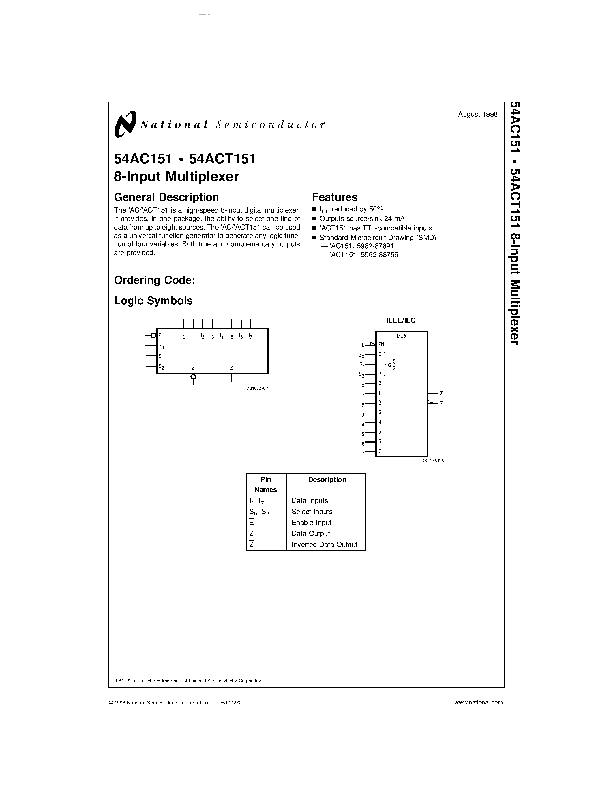 Даташит на микросхему 54AC151 страница 1 Даташит 54AC151 - 8-Input Multiplexer страница 1