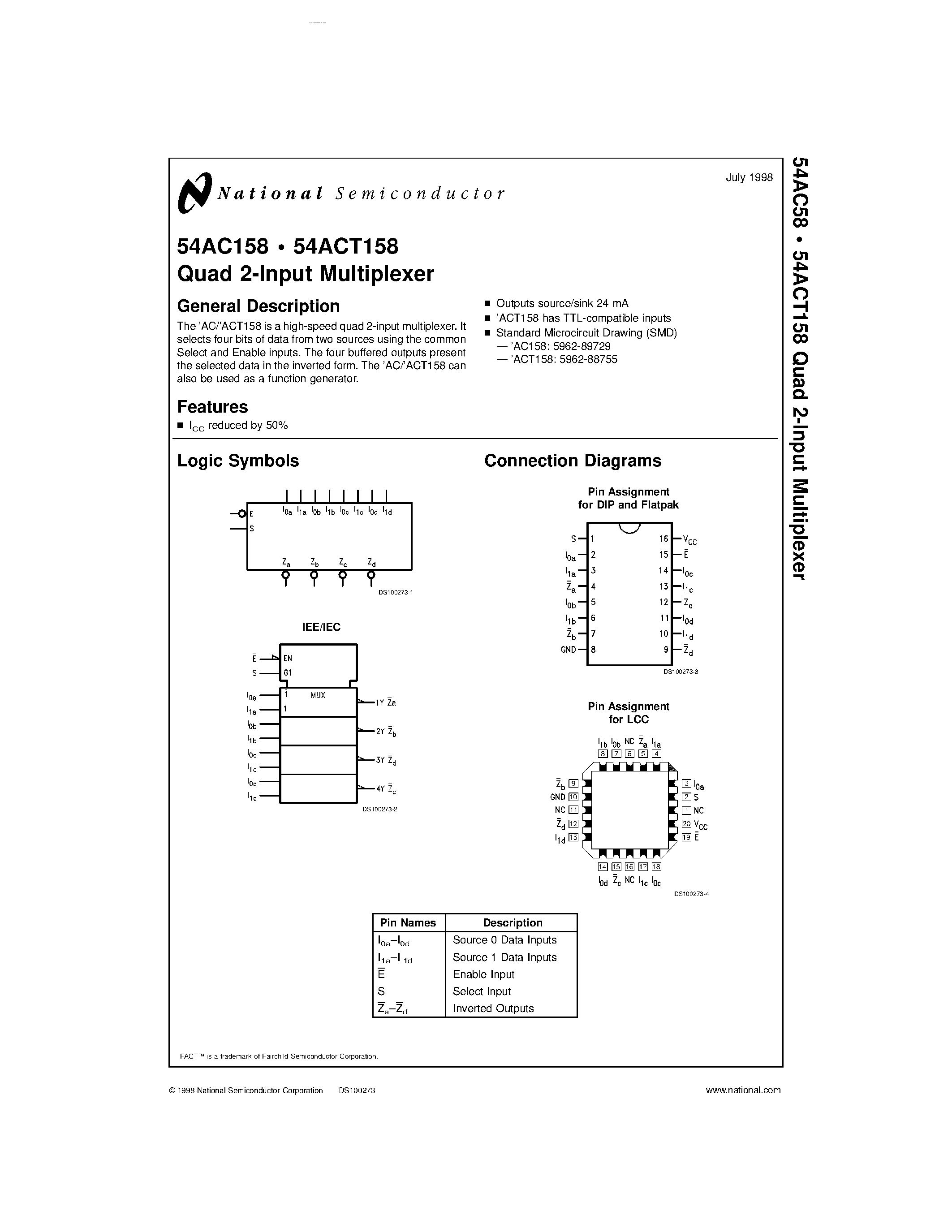 Datasheet 54AC158 - Quad 2-Input Multiplexer page 1