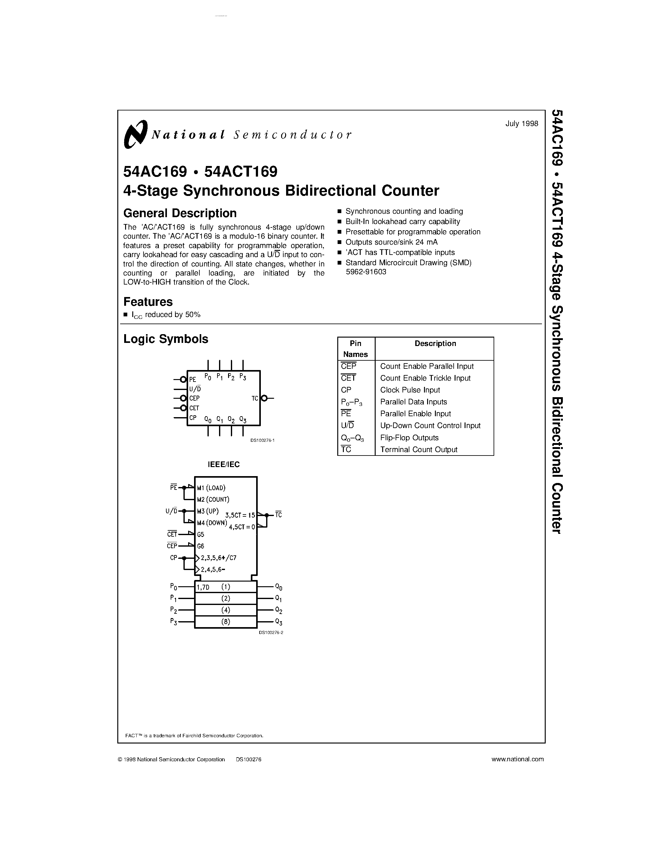 Datasheet 54AC169 - 4-Stage Synchronous Bidirectional Counter page 1