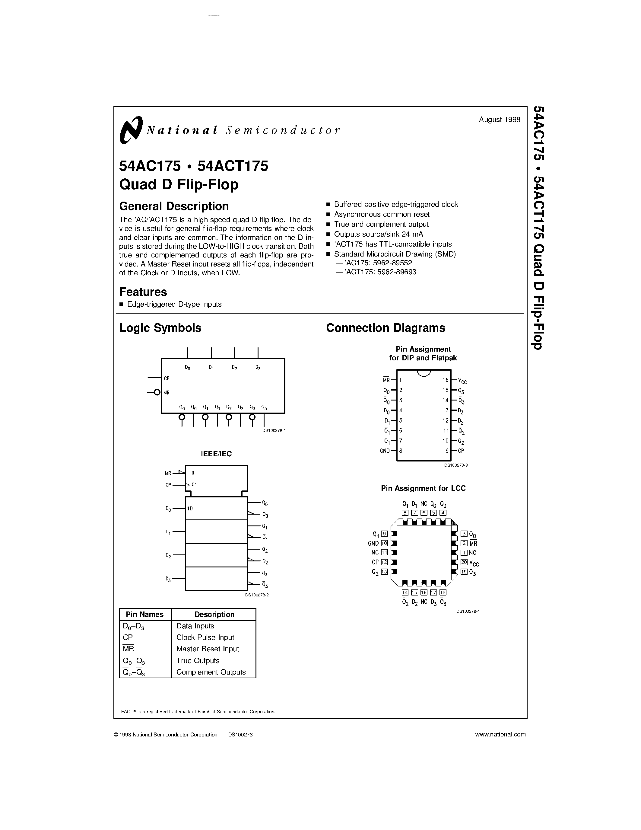 Datasheet 54AC175 - Quad D Flip-Flop page 1