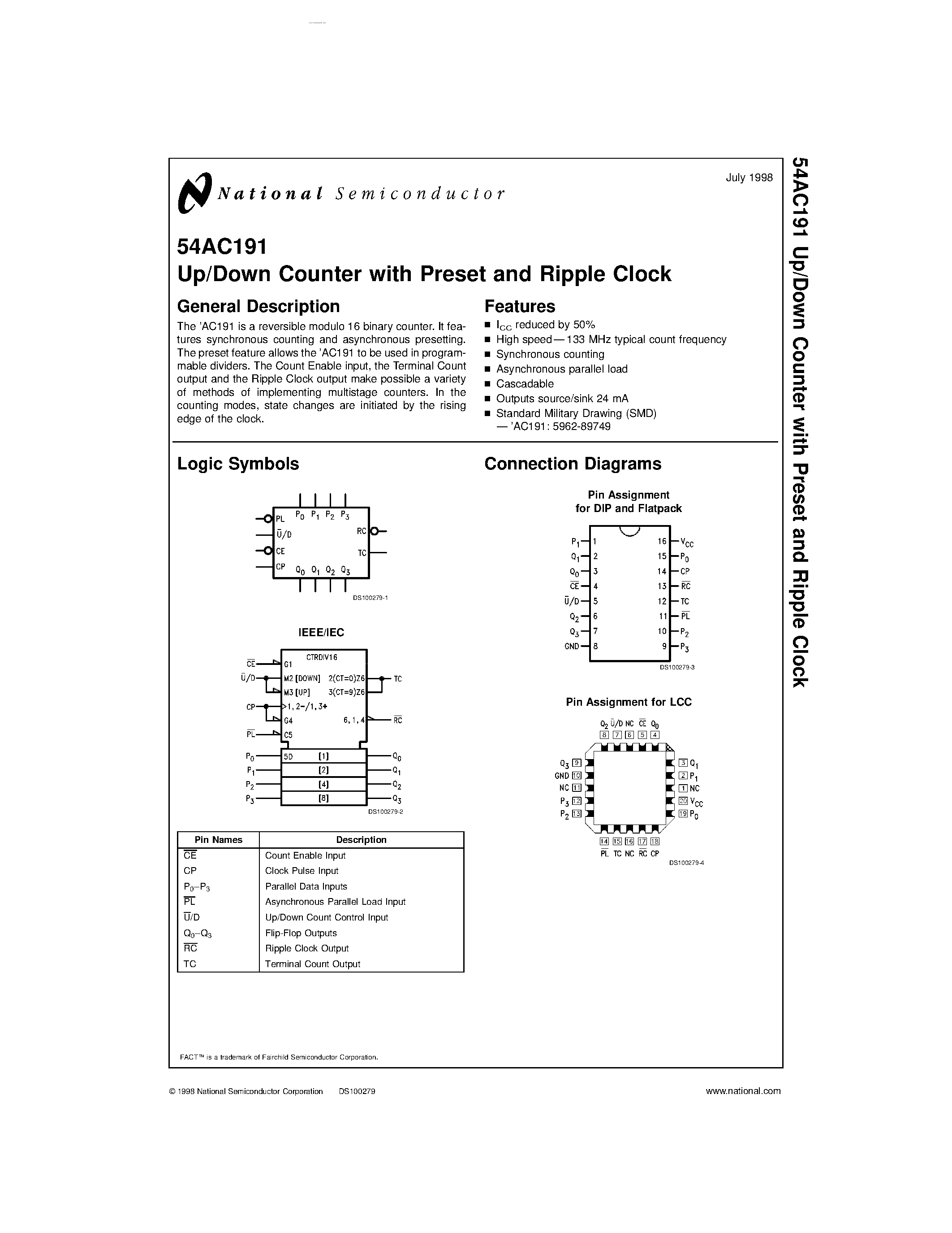 Datasheet 54AC191 - Up/Down Counter page 1