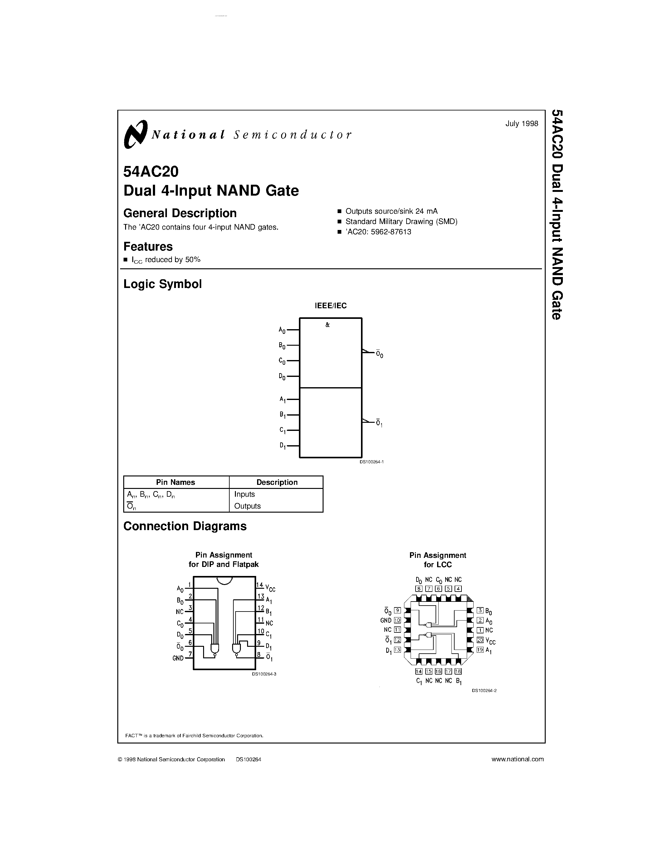 Даташит на микросхему 54AC20 страница 1 Даташит 54AC20 - Dual 4-Input NAND Gate страница 1