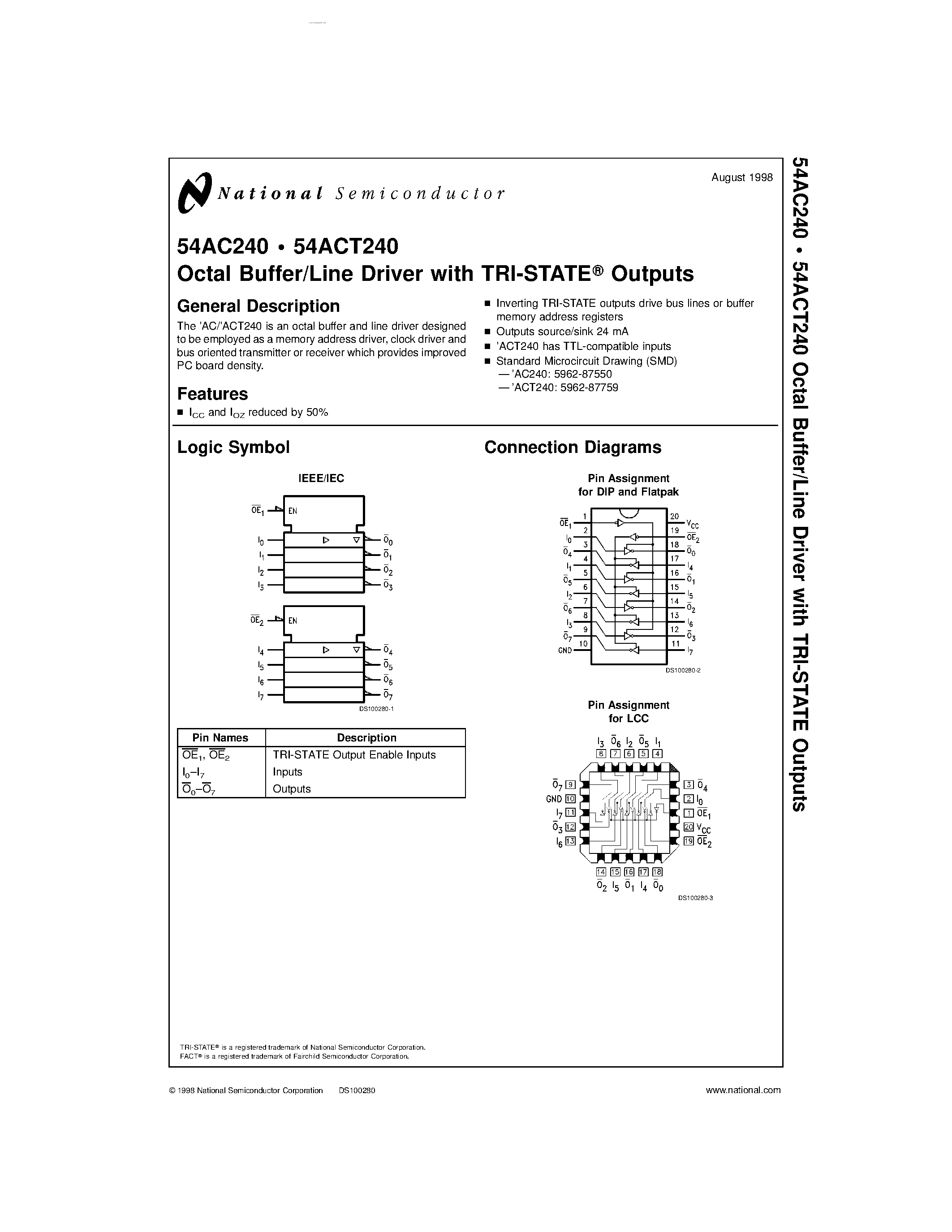 Даташит на микросхему 54AC240 страница 1 Даташит 54AC240 - Octal Buffer/Line Driver страница 1