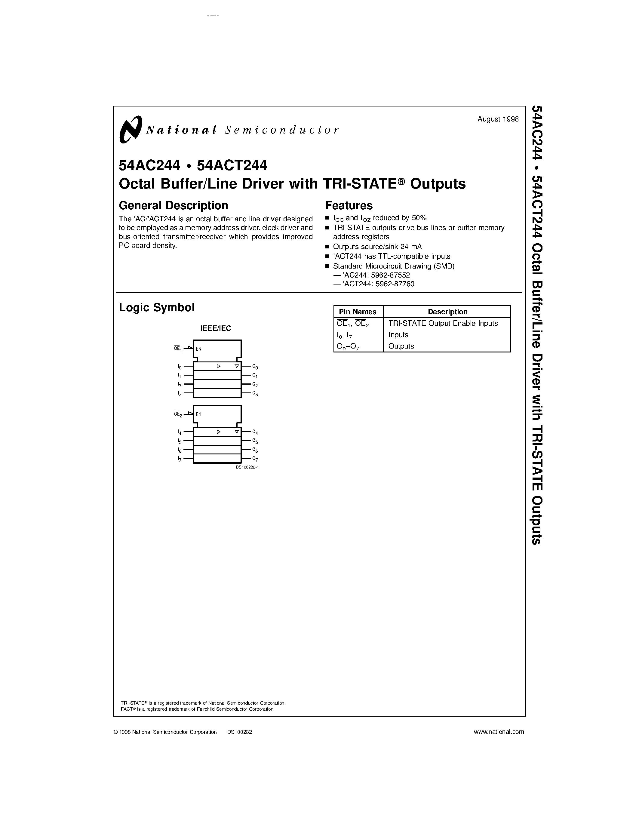 Datasheet 54AC244 - Octal Buffer/Line Driver page 1