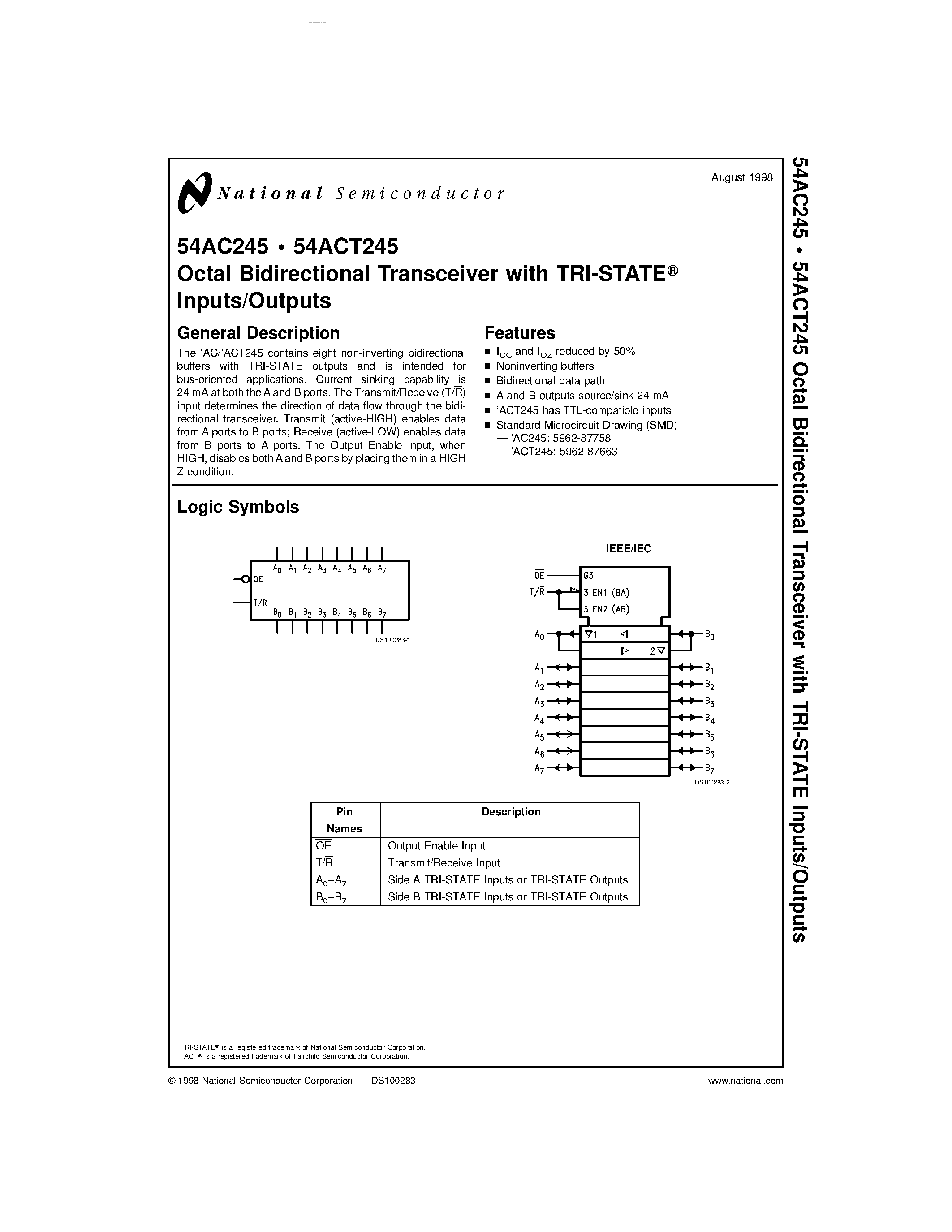 Даташит на микросхему 54AC245 страница 1 Даташит 54AC245 - Octal Bidirectional Transceiver страница 1