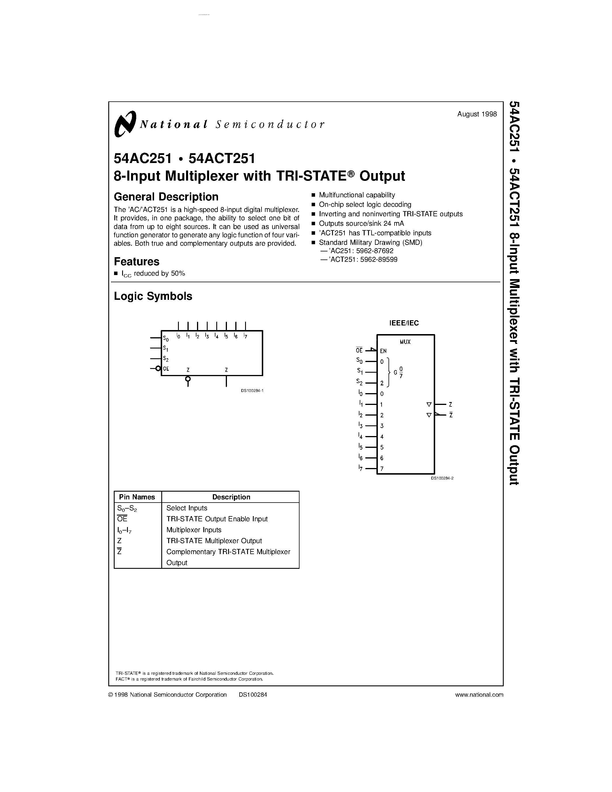 Даташит на микросхему 54AC251 страница 1 Даташит 54AC251 - 8-Input Multiplexer страница 1