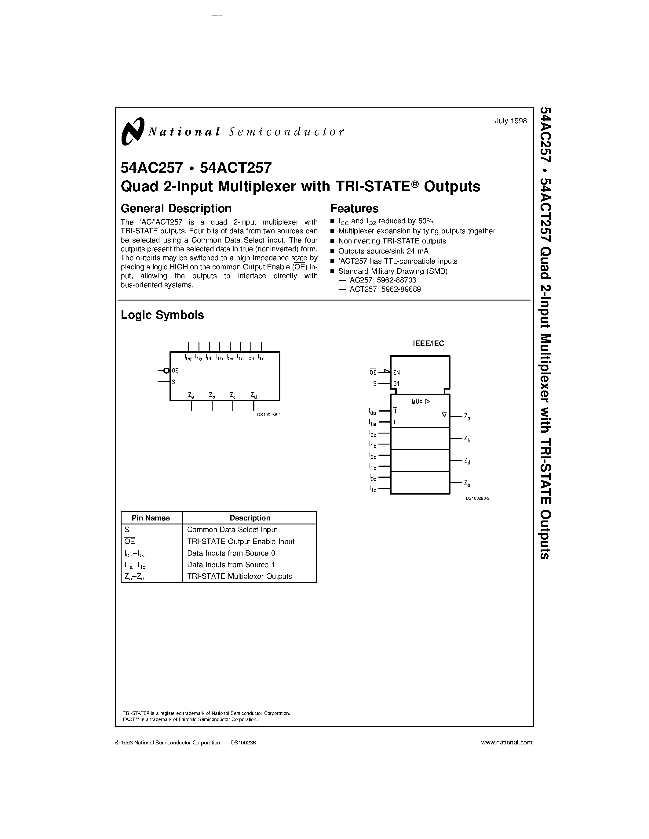 Datasheet 54AC257 - Quad 2-Input Multiplexer page 1
