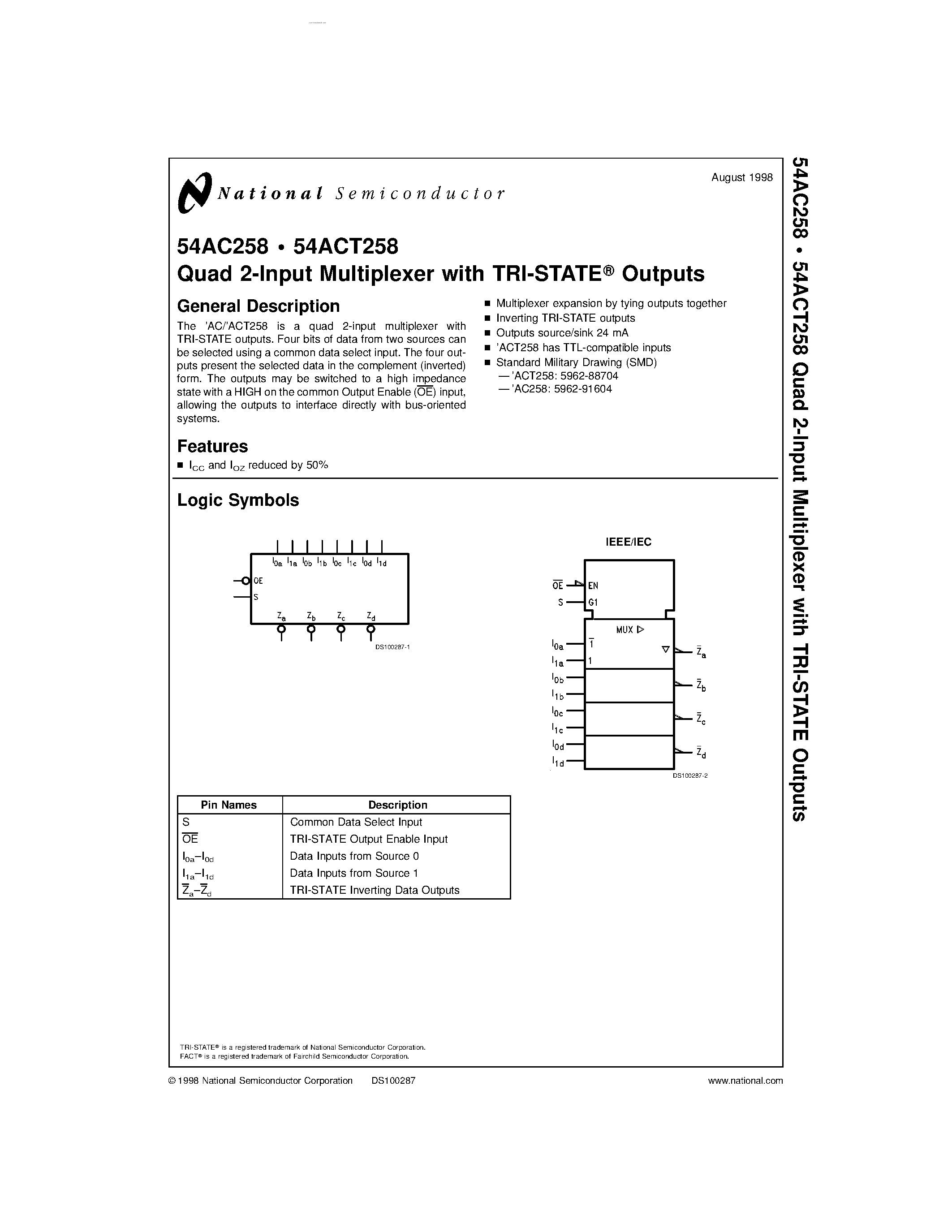 Datasheet 54AC258 - Quad 2-Input Multiplexer page 1