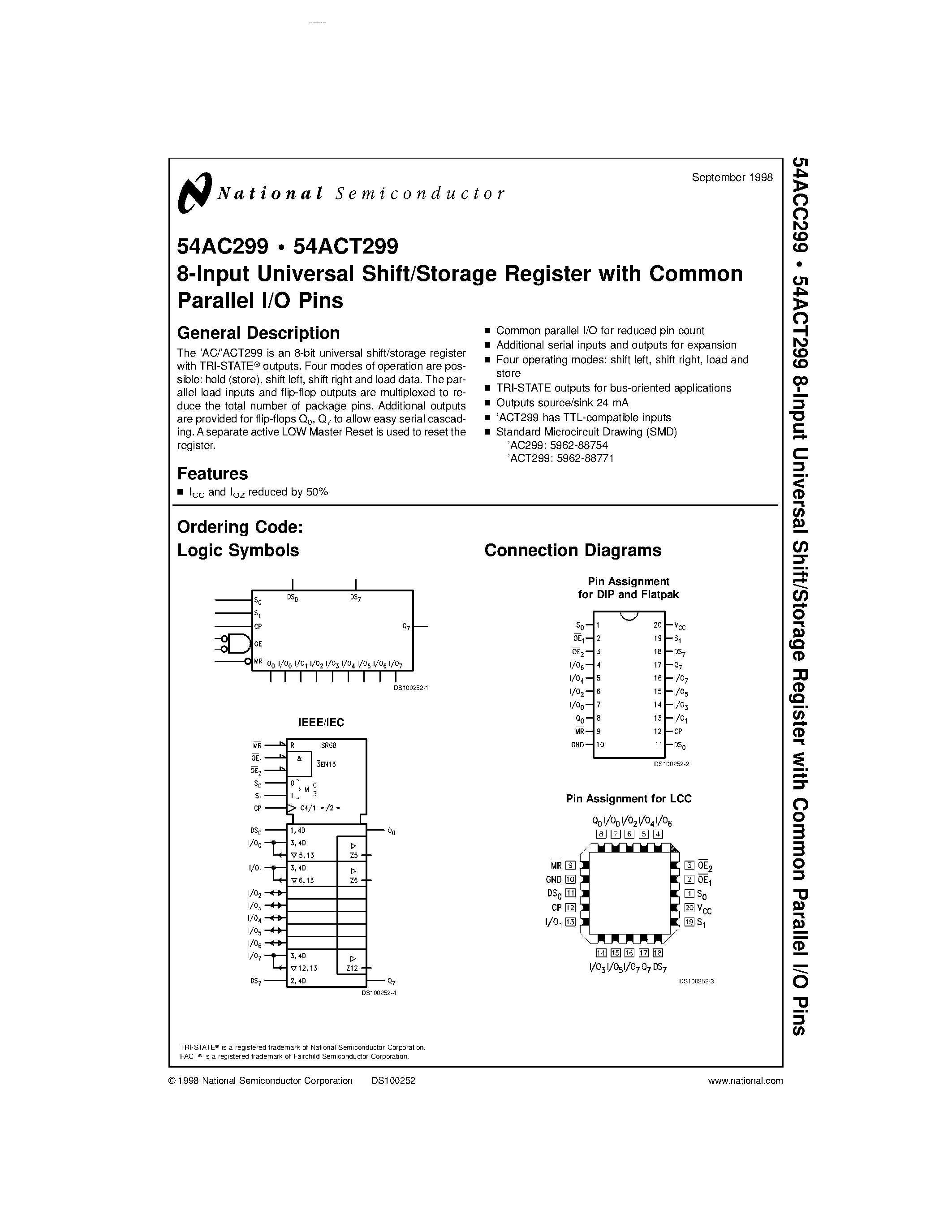 Datasheet 54AC299 page 1 Datasheet 54AC299 - 8-Input Universal Shift/Storage Register page 1