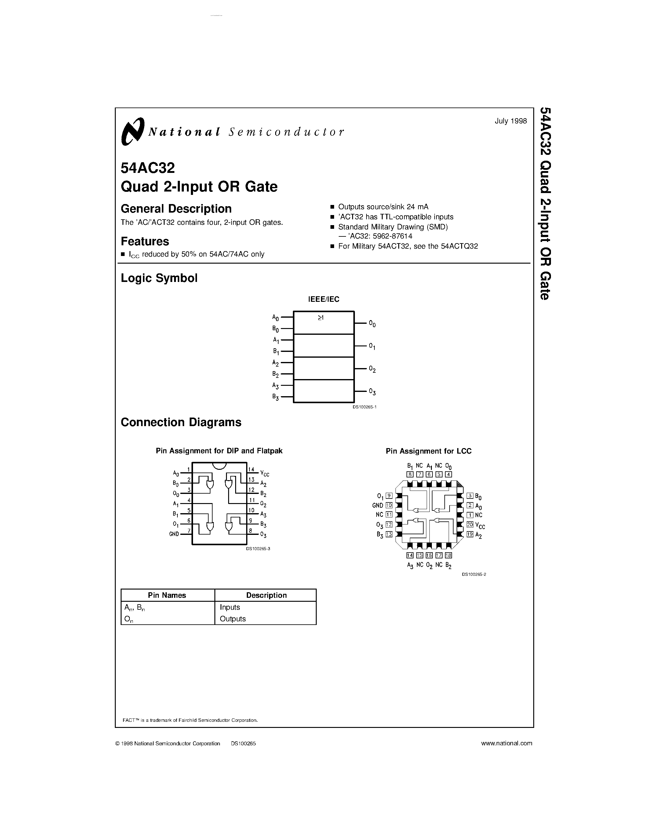Даташит 54AC32 - Quad 2-Input OR Gate страница 1