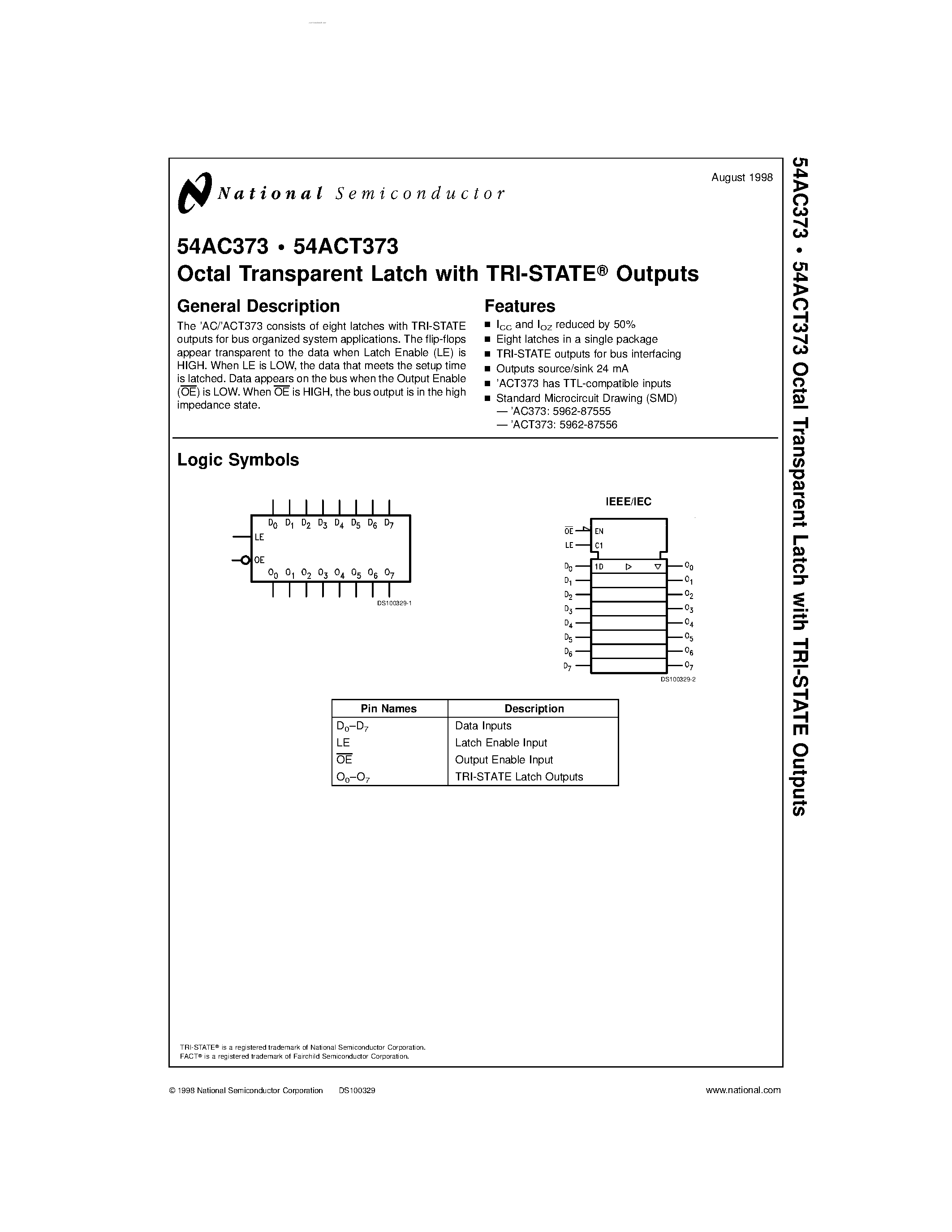 Даташит 54AC373 - Octal Transparent Latch страница 1