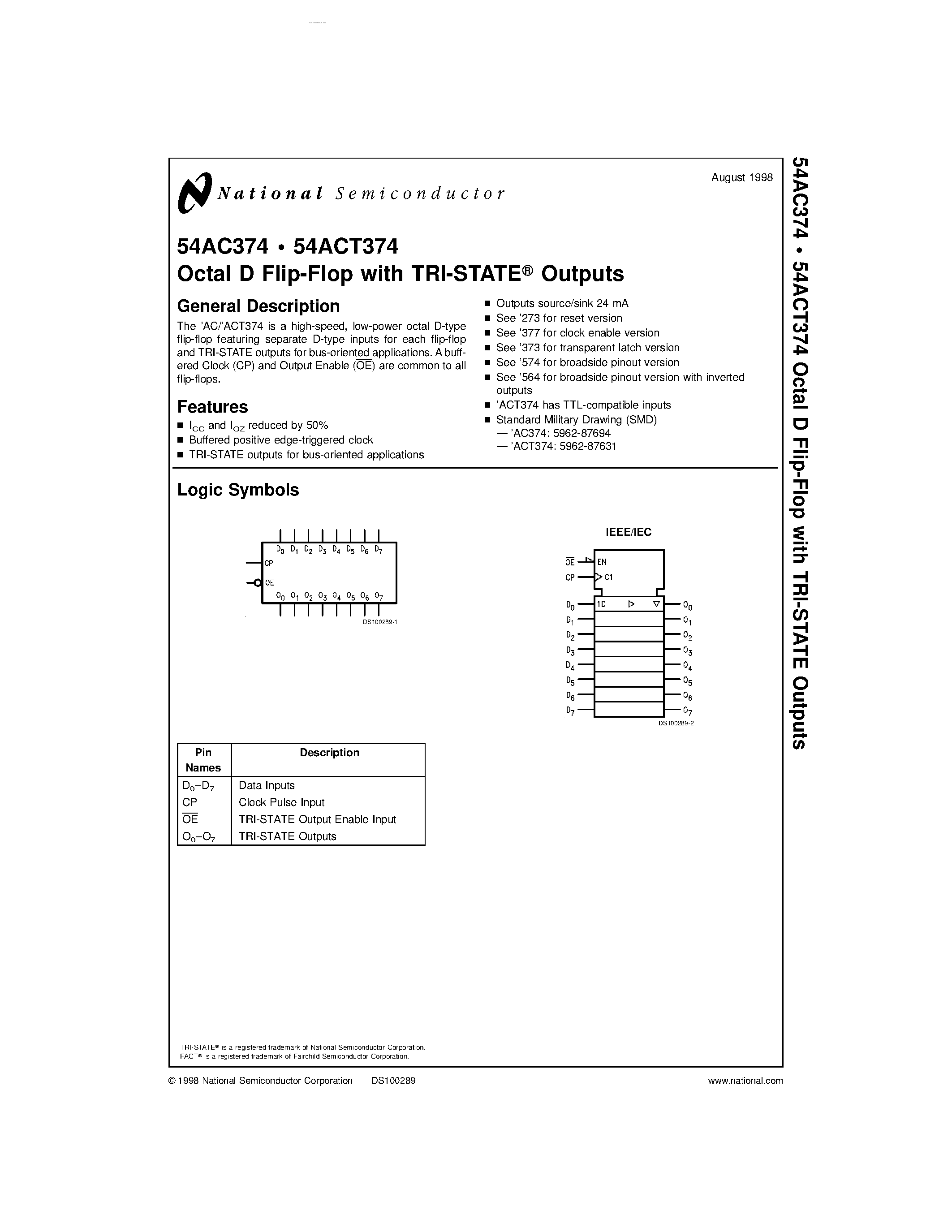 Datasheet 54AC374 - Octal D Flip-Flop page 1