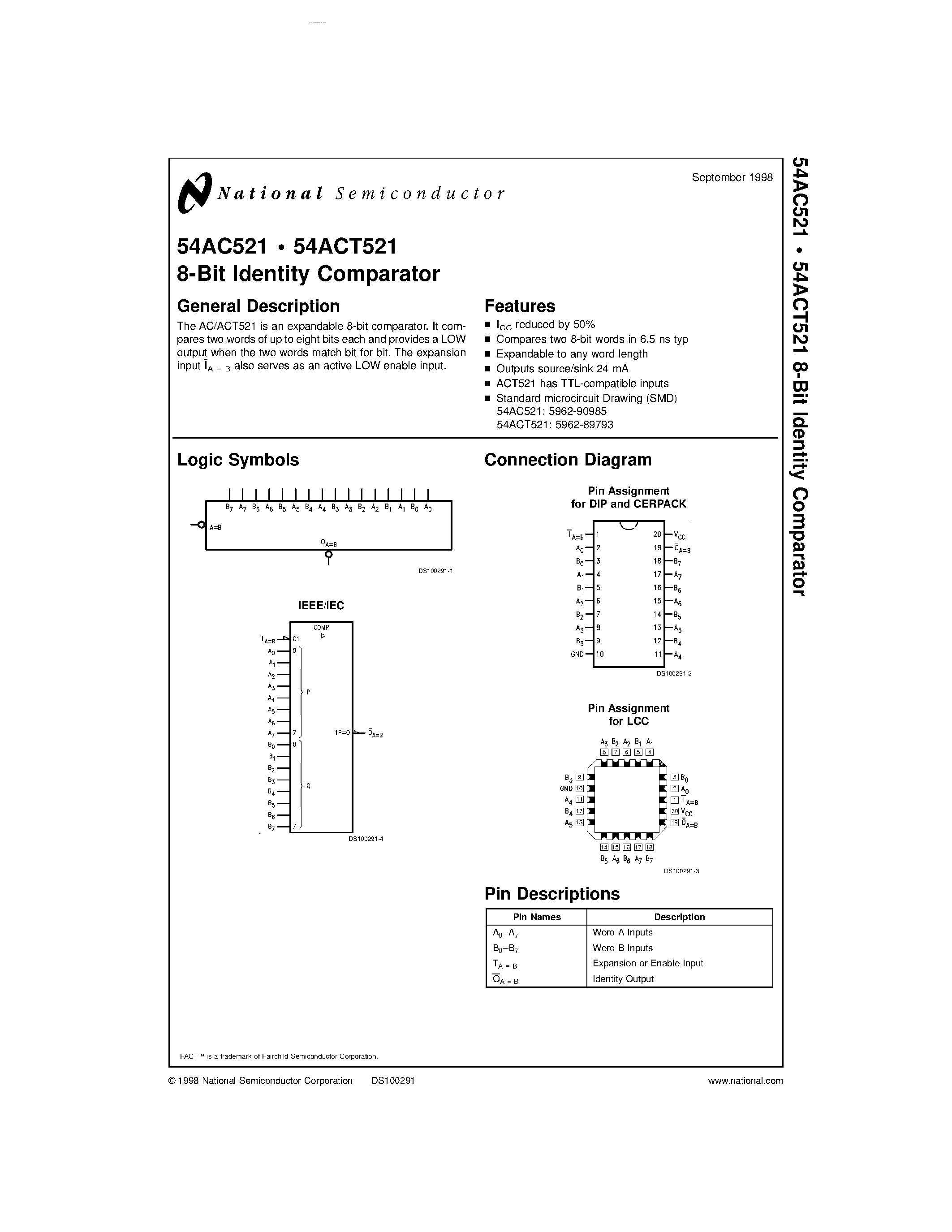 Datasheet 54AC521 - 8-Bit Identity Comparator page 1