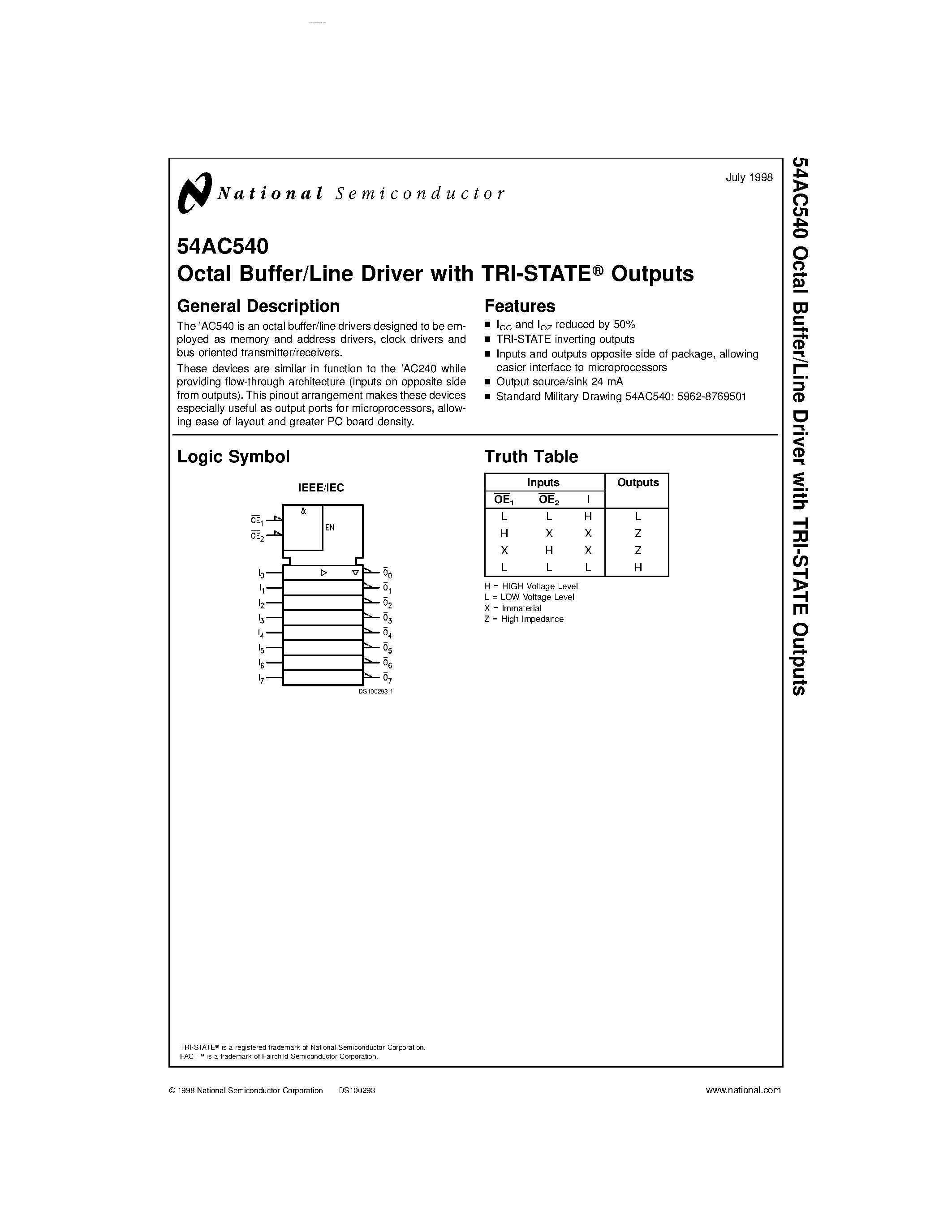 Datasheet 54AC540 - Octal Buffer/Line Driver page 1
