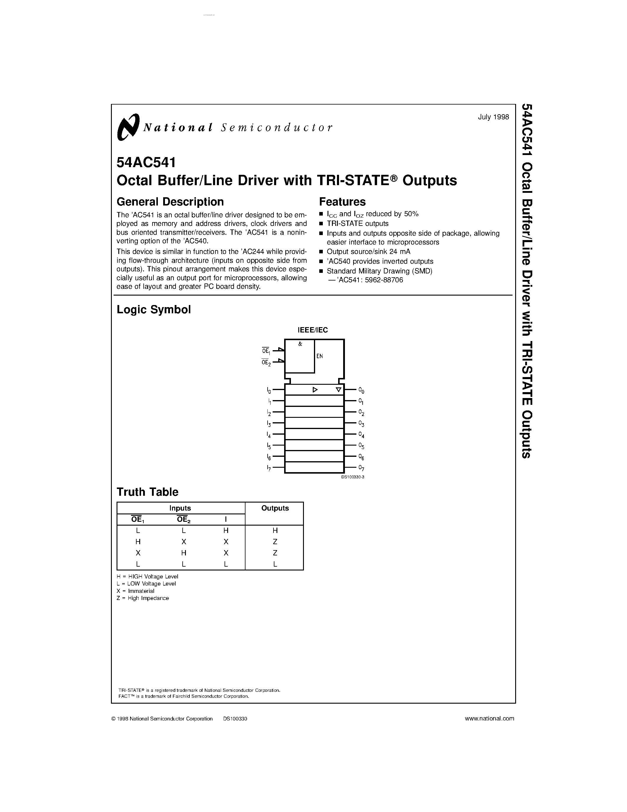 Datasheet 54AC541 - Octal Buffer/Line Driver page 1