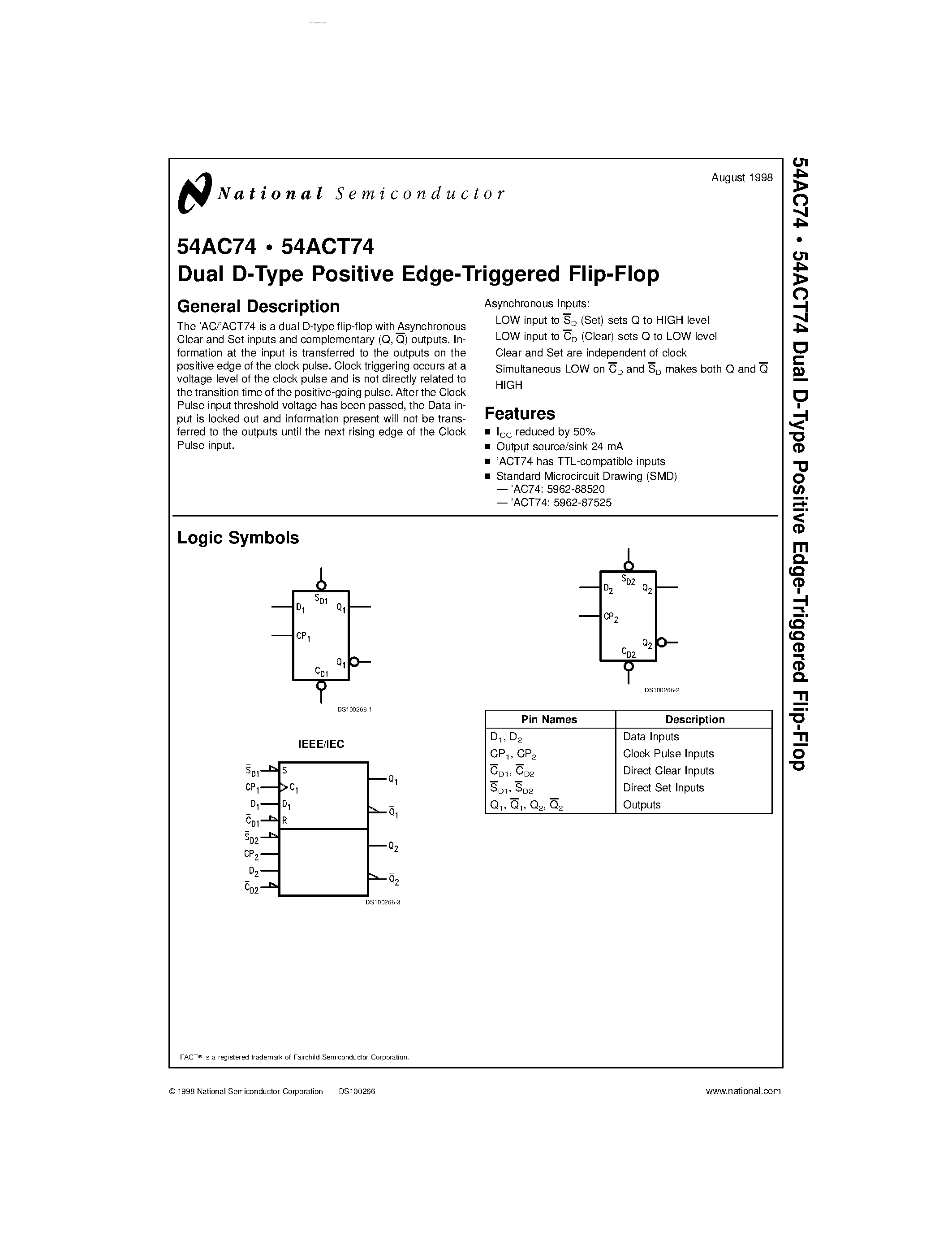 Datasheet 54AC74 - Dual D-Type Positive Edge-Triggered Flip-Flop page 1