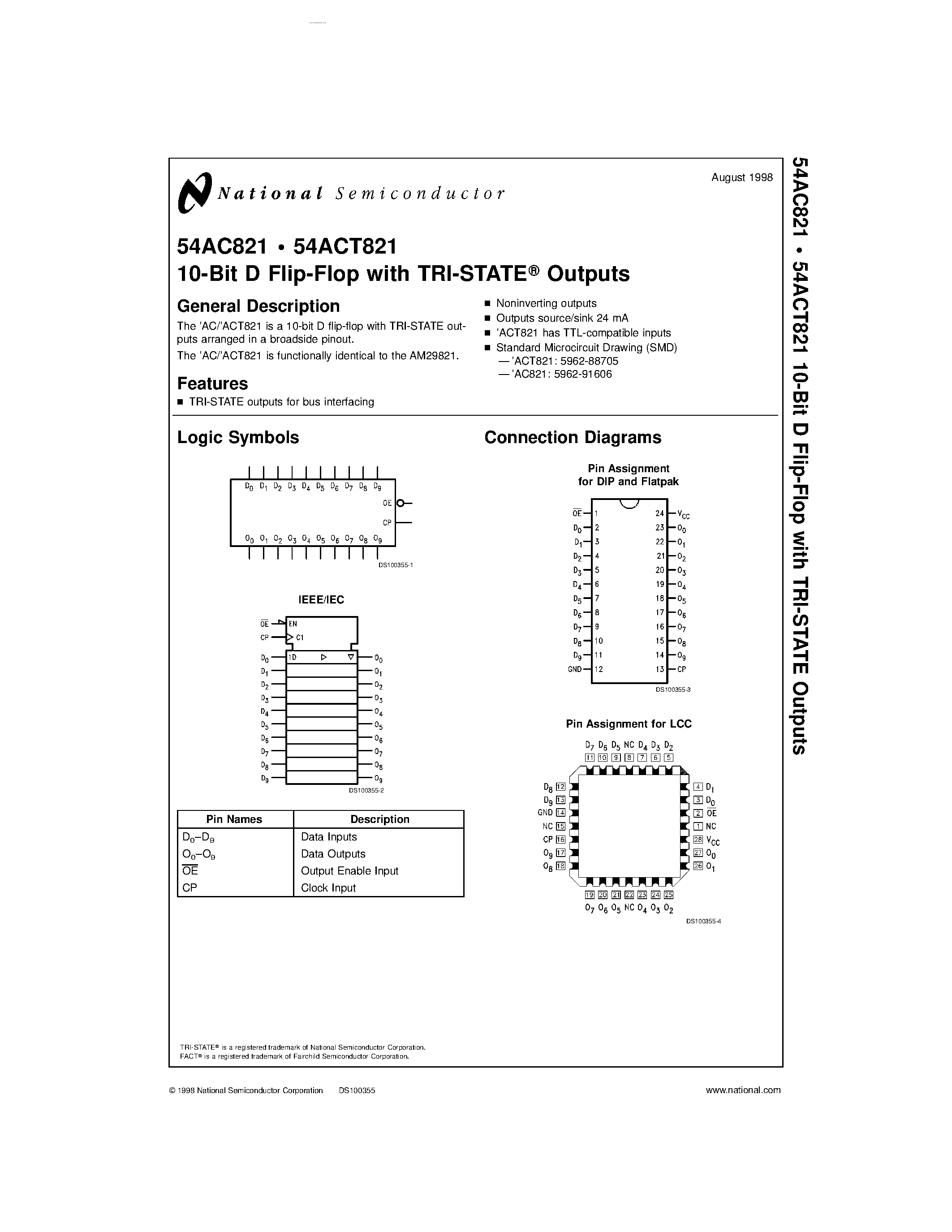 Datasheet 54AC821 - 10-Bit D Flip-Flop page 1
