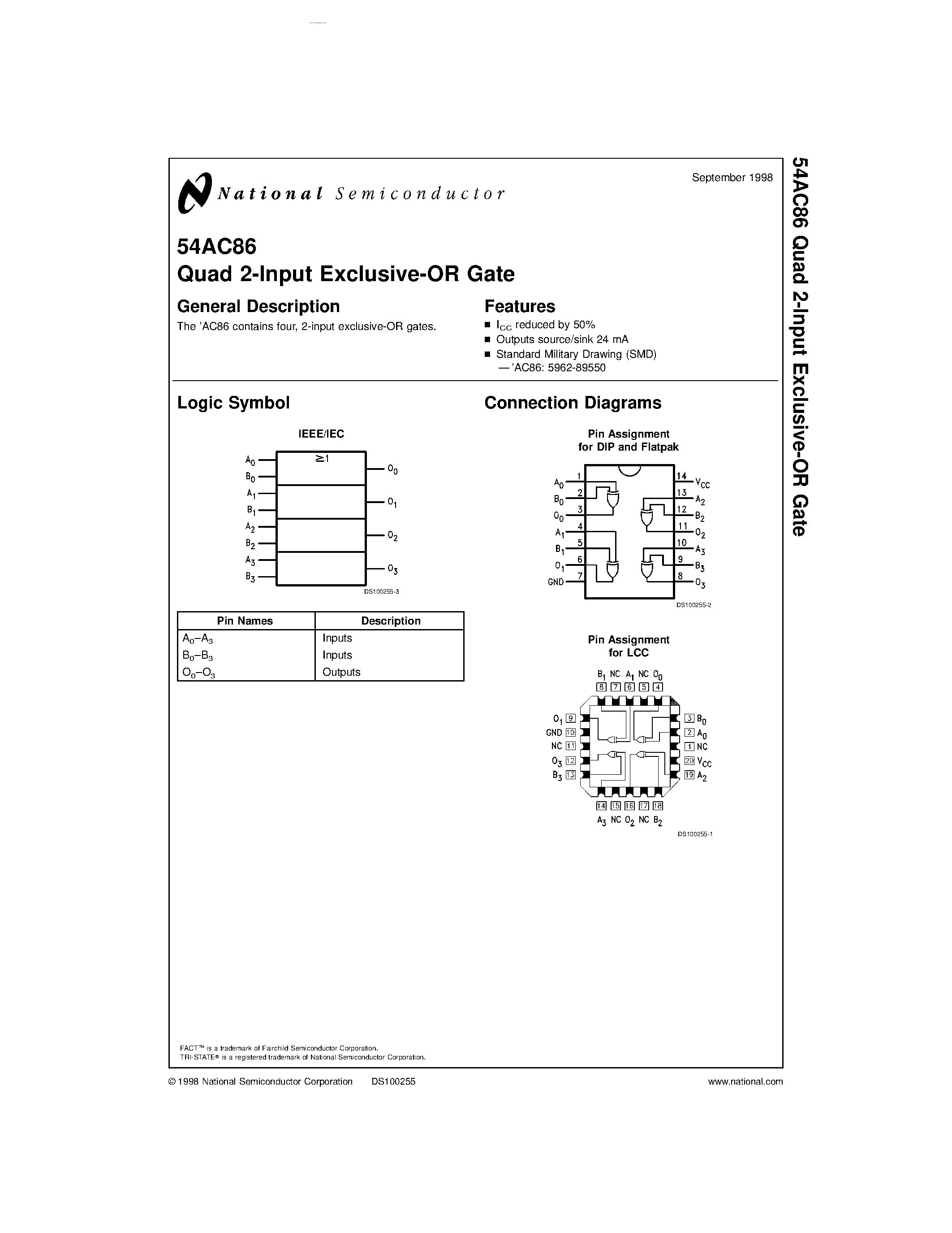 Datasheet 54AC86 - Quad 2-Input Exclusive-OR Gate page 1