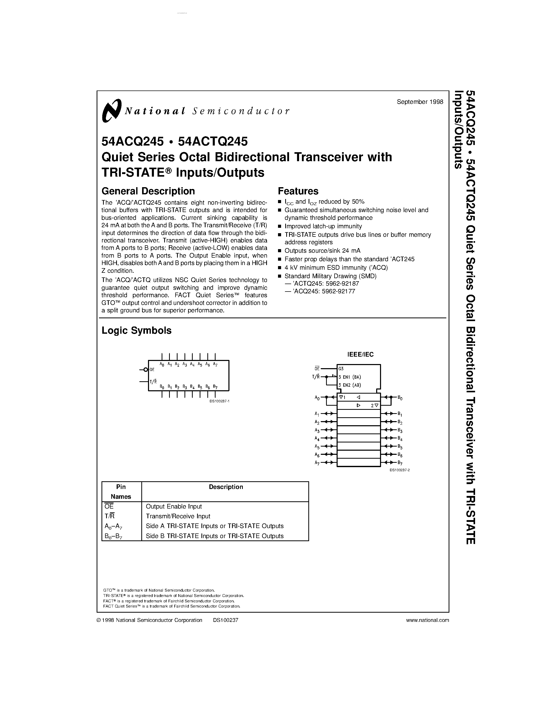 Даташит 54ACQ245 - Quiet Series Octal Bidirectional Transceiver страница 1