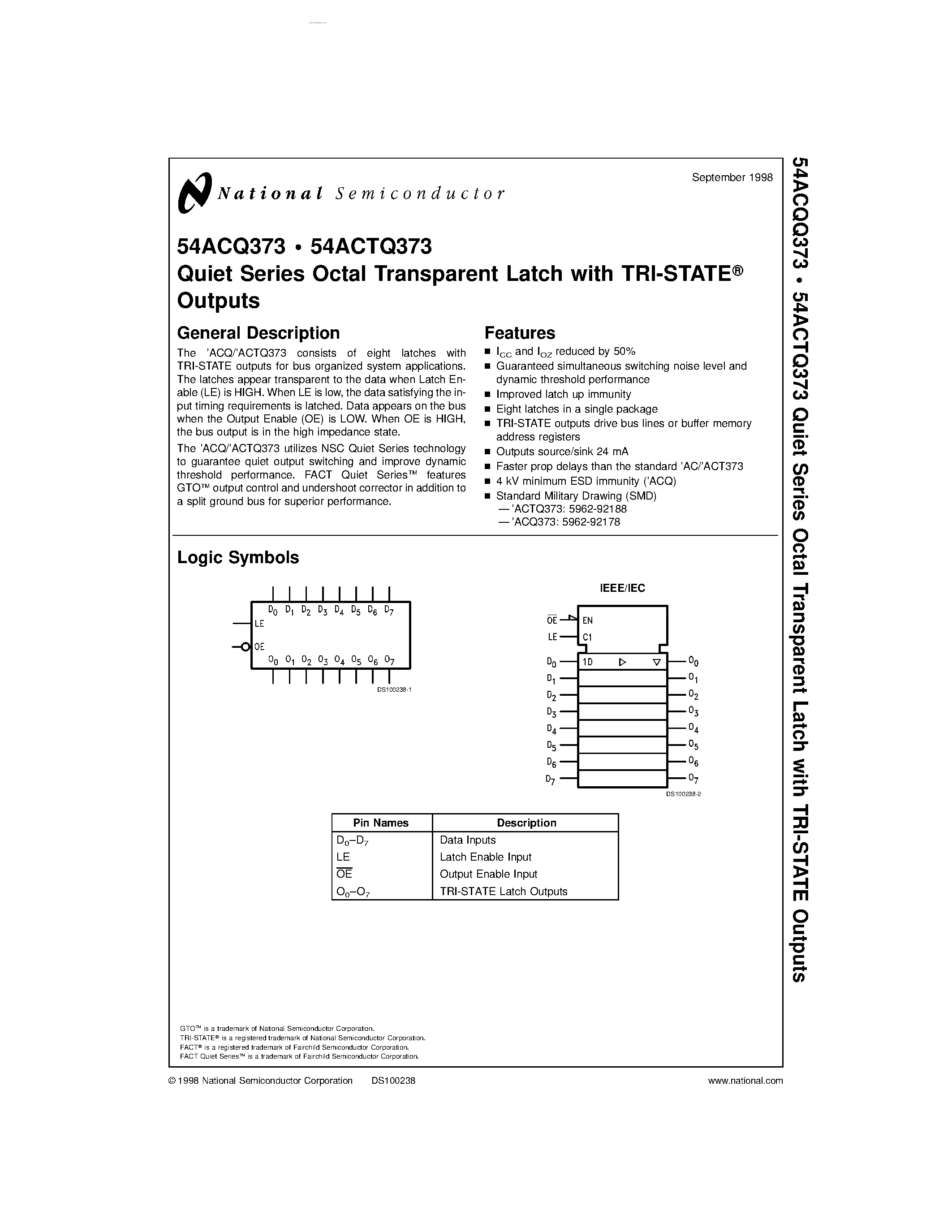 Datasheet 54ACQ373 - Quiet Series Octal Transparent Latch page 1
